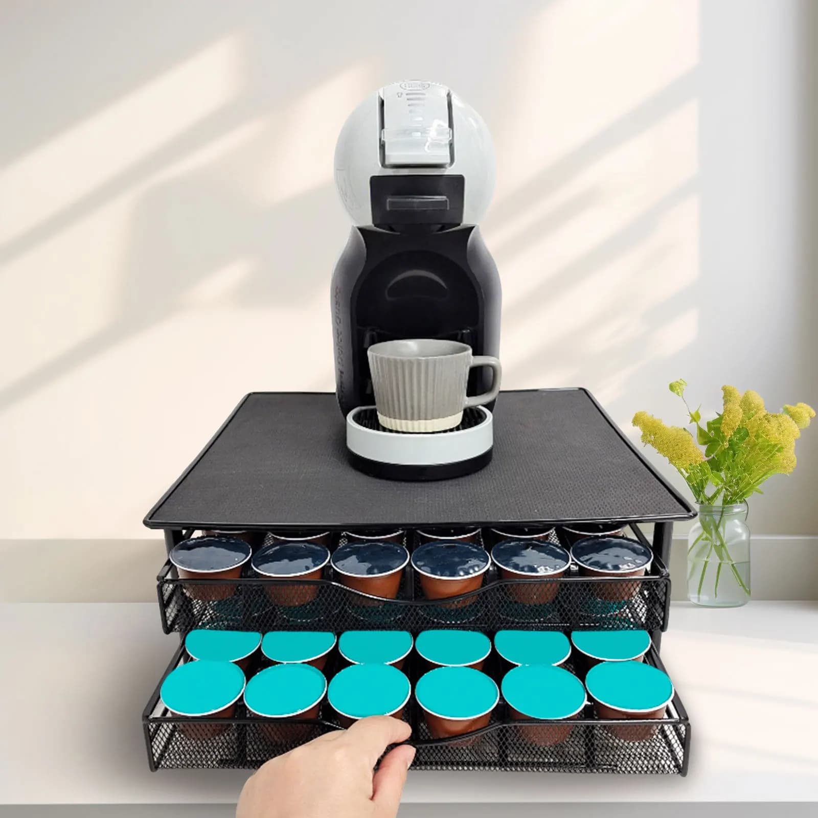 2 Tiers Sliding Coffee Pod Drawer 72-Pod Coffee Metal Capsule Holder Space-Saving Countertop Organizer for Kitchen Office