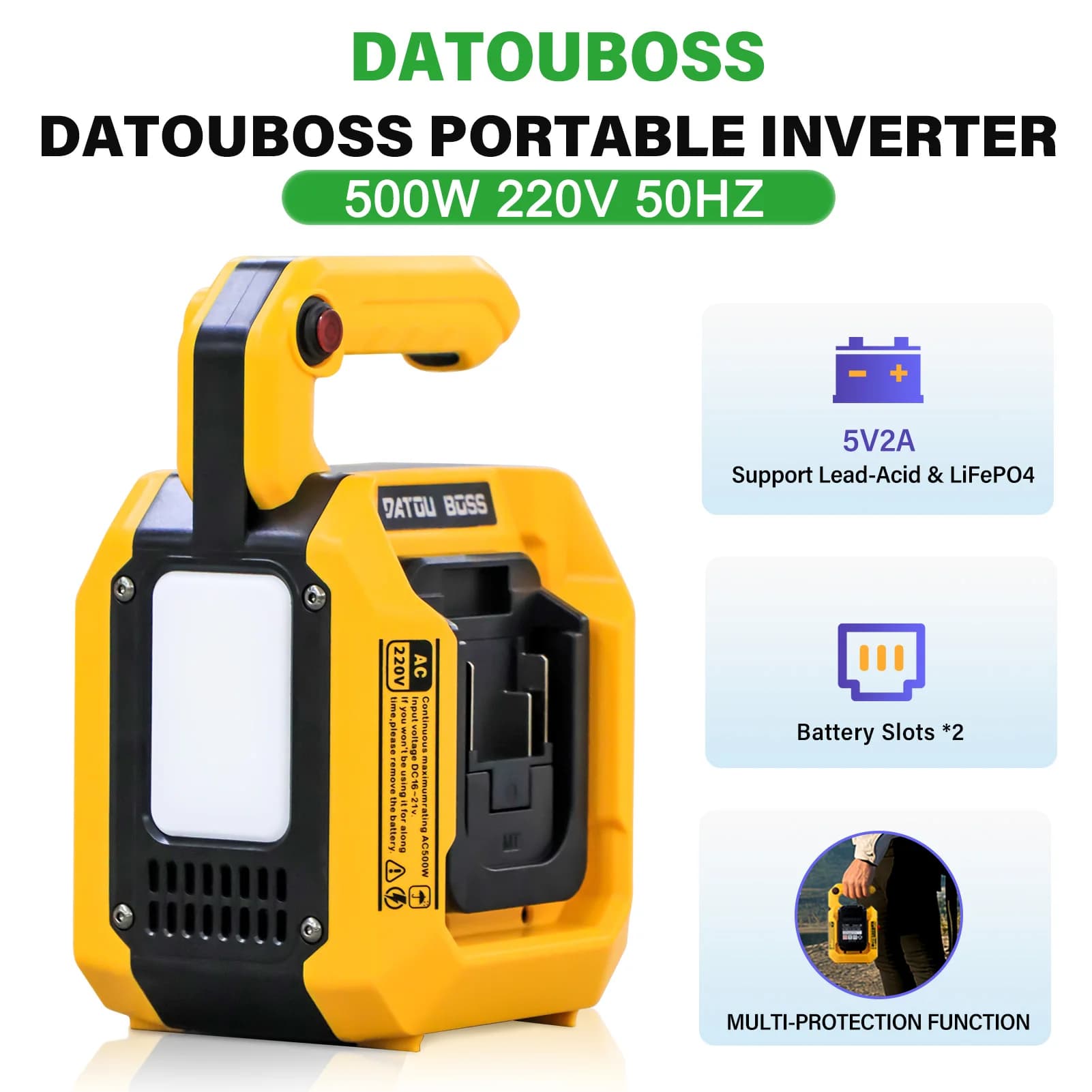 DATOUBOSS 500W Inverter for Makita 18V Battery, DC 18V to AC 230V, with 1 USB-A & 2 USB-C Port 500 LM LED Light for Emergency