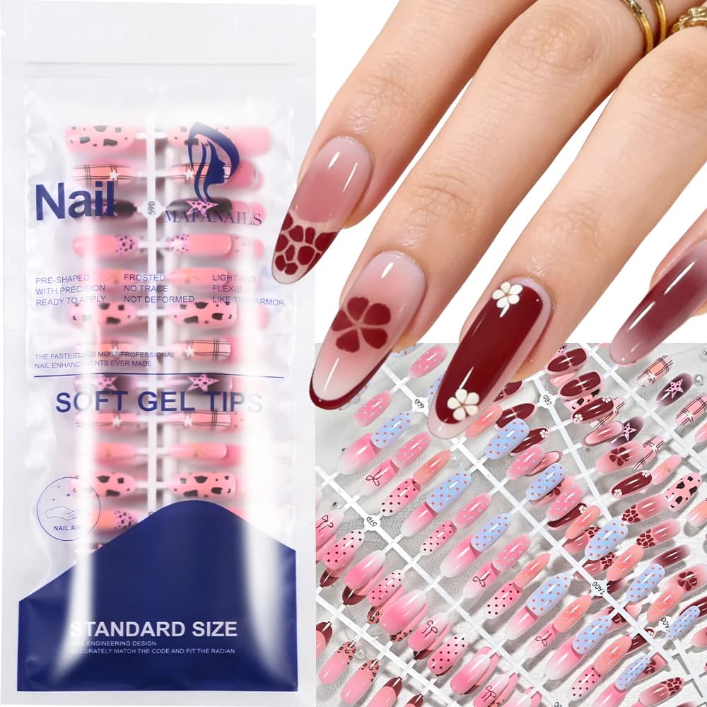 150Pcs Mixed Gradient Pink Almond Press On Nail leopard print/Polka Dot/Bow/Flower Almond FakeNail Summer Sweet Almond FalseNail