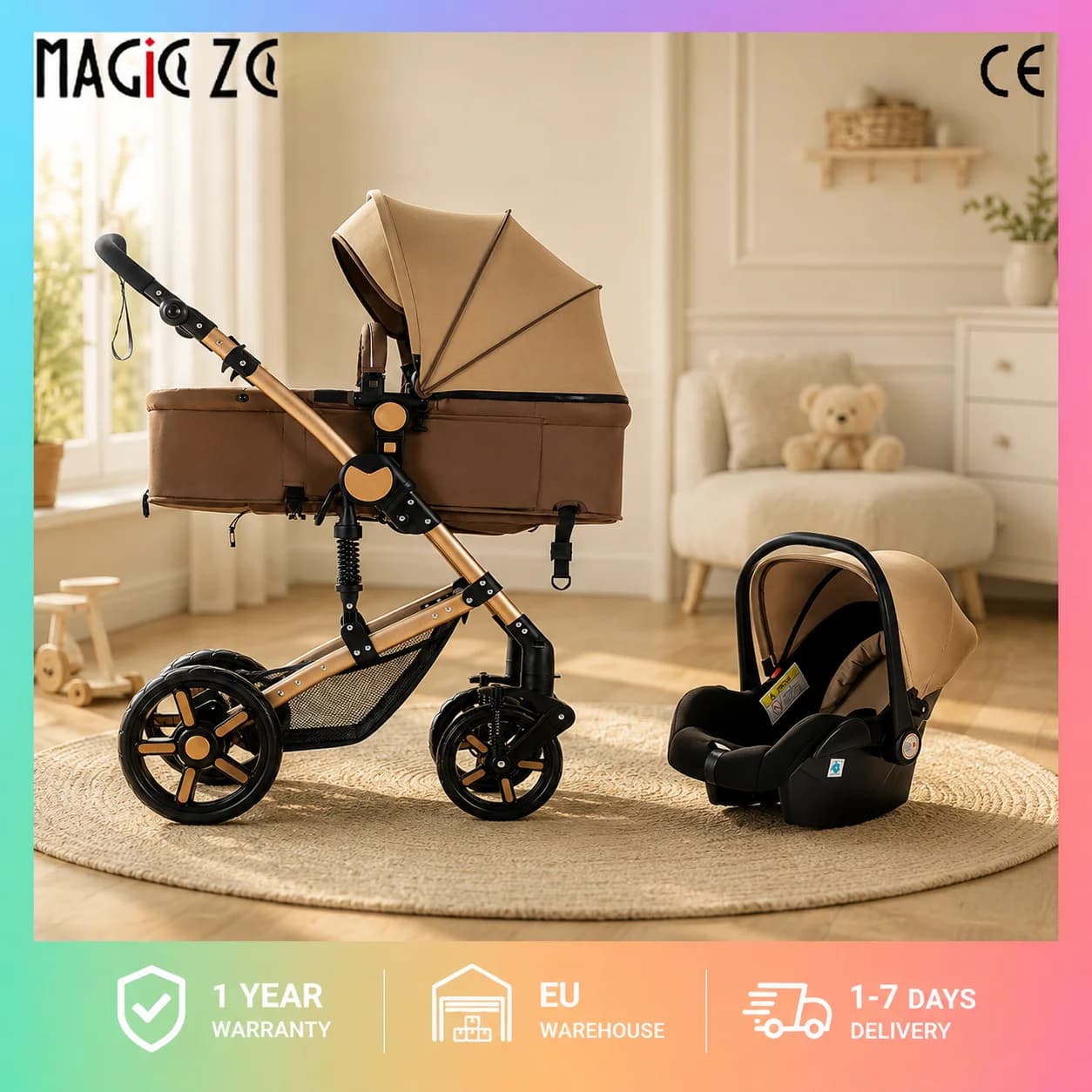3-in-1 Baby Stroller Travel System, Reversible Convertible Bassinet Pram with Infant Car Seat, Five-Point Safety Harness, One-Foot Brake,