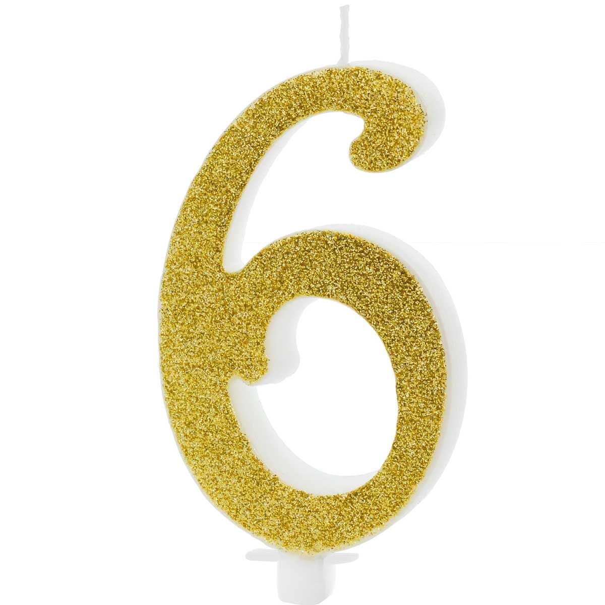 Guld Glitter Fødselsdagslys Nr. 6 - Ekstra Stor 10cm, PartyDeco