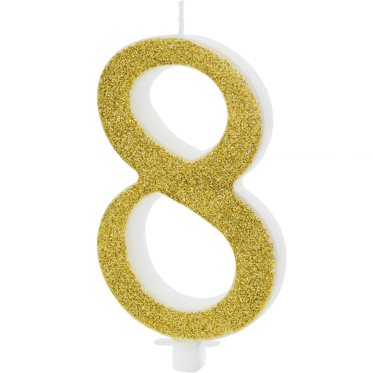 Guld Glitter Fødselsdagslys Nr. 8 - Ekstra Stor 10cm, PartyDeco