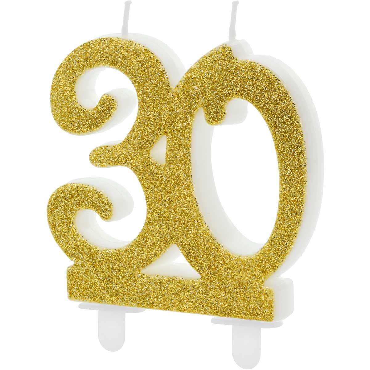 Guld Glitter Fødselsdagslys Nr. 30 - Ekstra Stor 10cm, PartyDeco