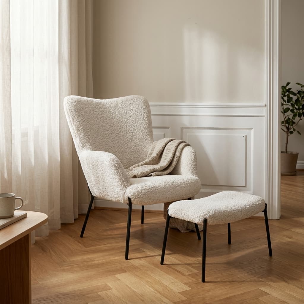 Lounge stol med fodskammel - Hvid