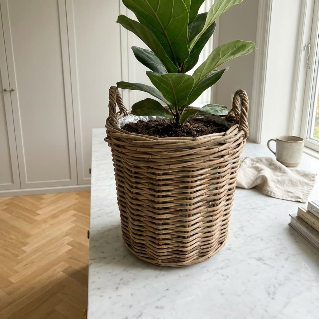 Kyst plantekurv i grå kubu rattan med hanke & plastindlæg – Ø39xH39 cm