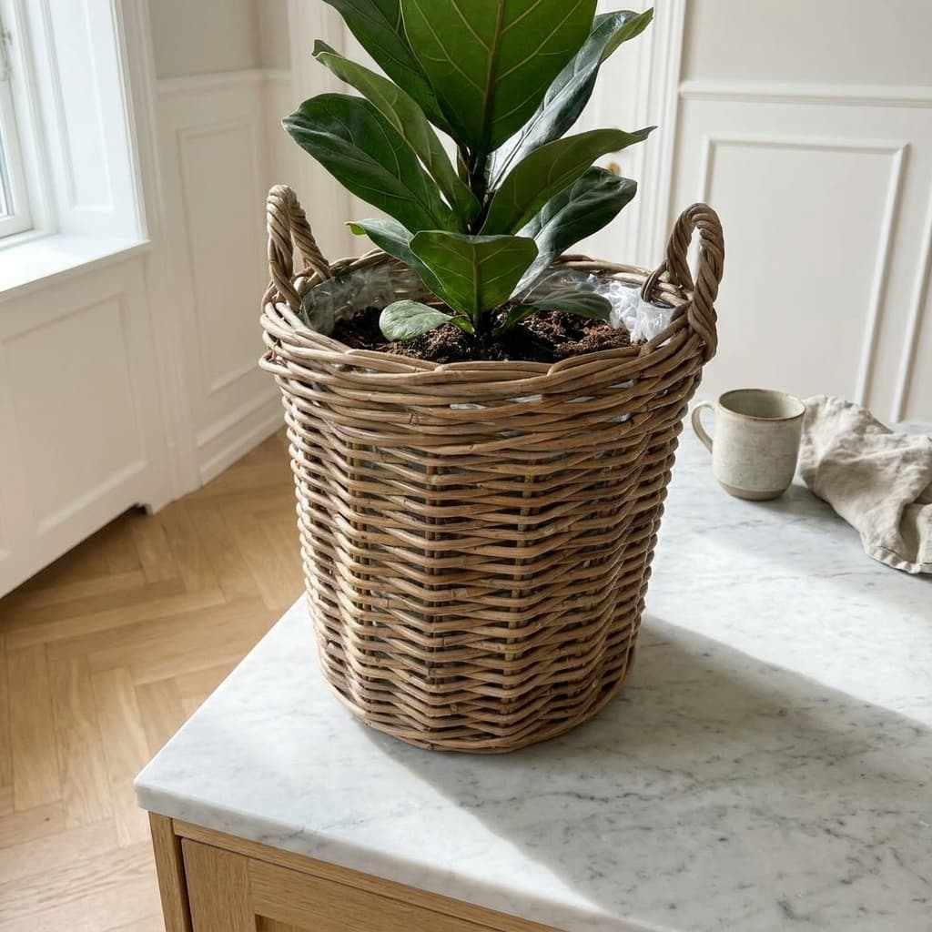 Kyst plantekurv i grå kubu rattan med hanke & plastindlæg – Ø39xH39 cm view 2