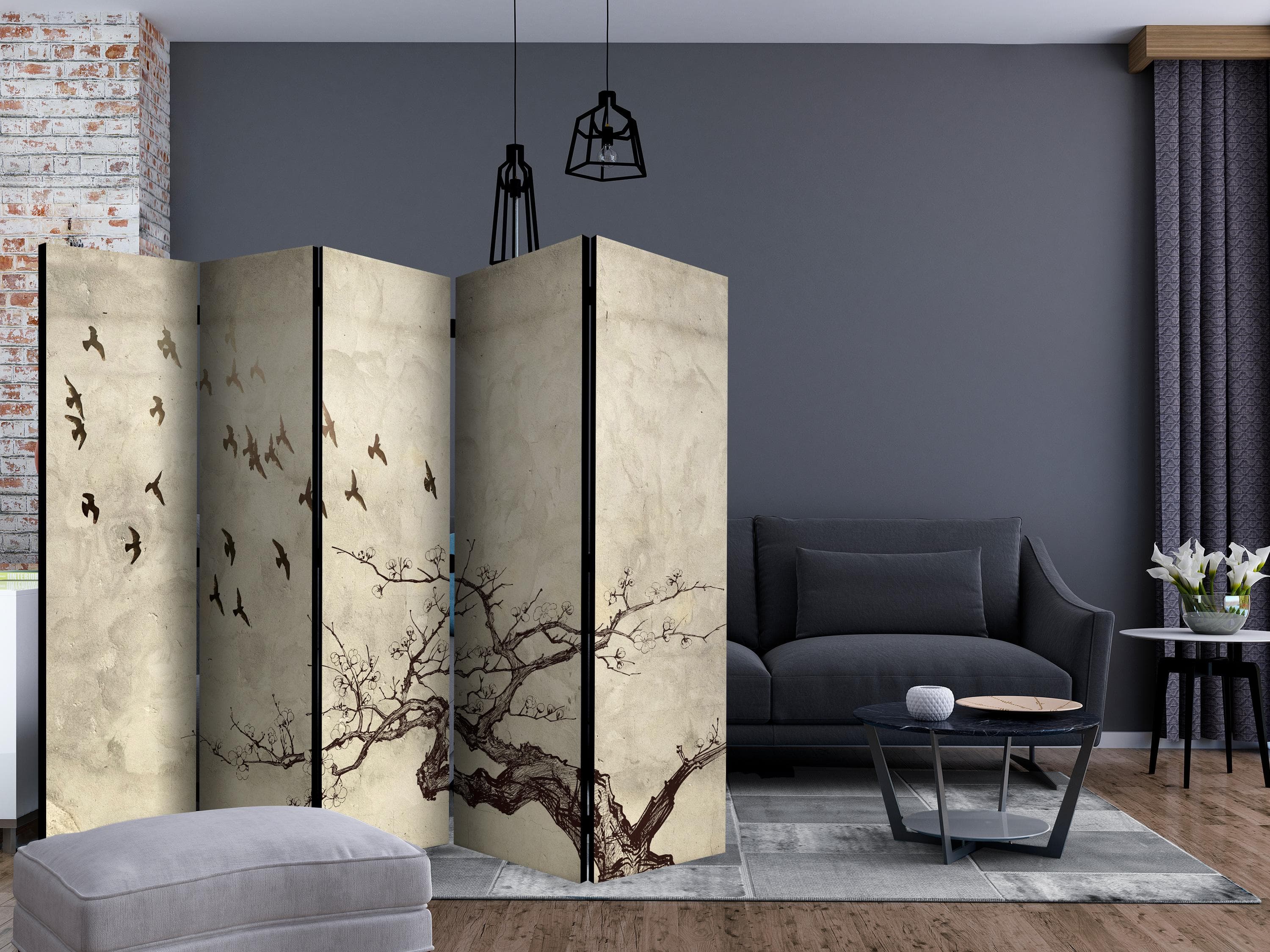5-panels skærmvæg Fugleflok II 225 x 172 cm - 225 x 172 cm - Akustik