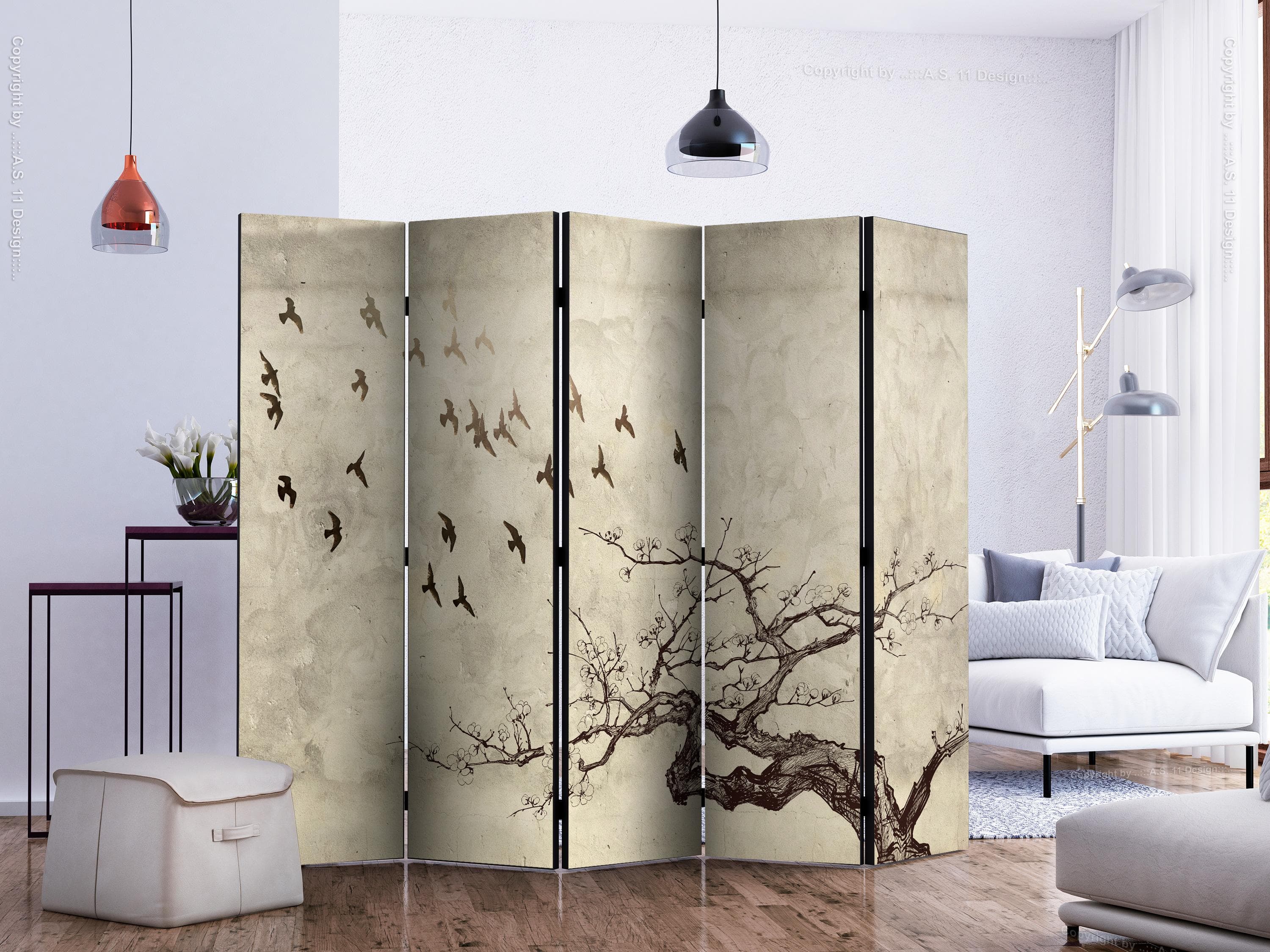 5-panels skærmvæg Fugleflok II 225 x 172 cm - 225 x 172 cm - Akustik view 2