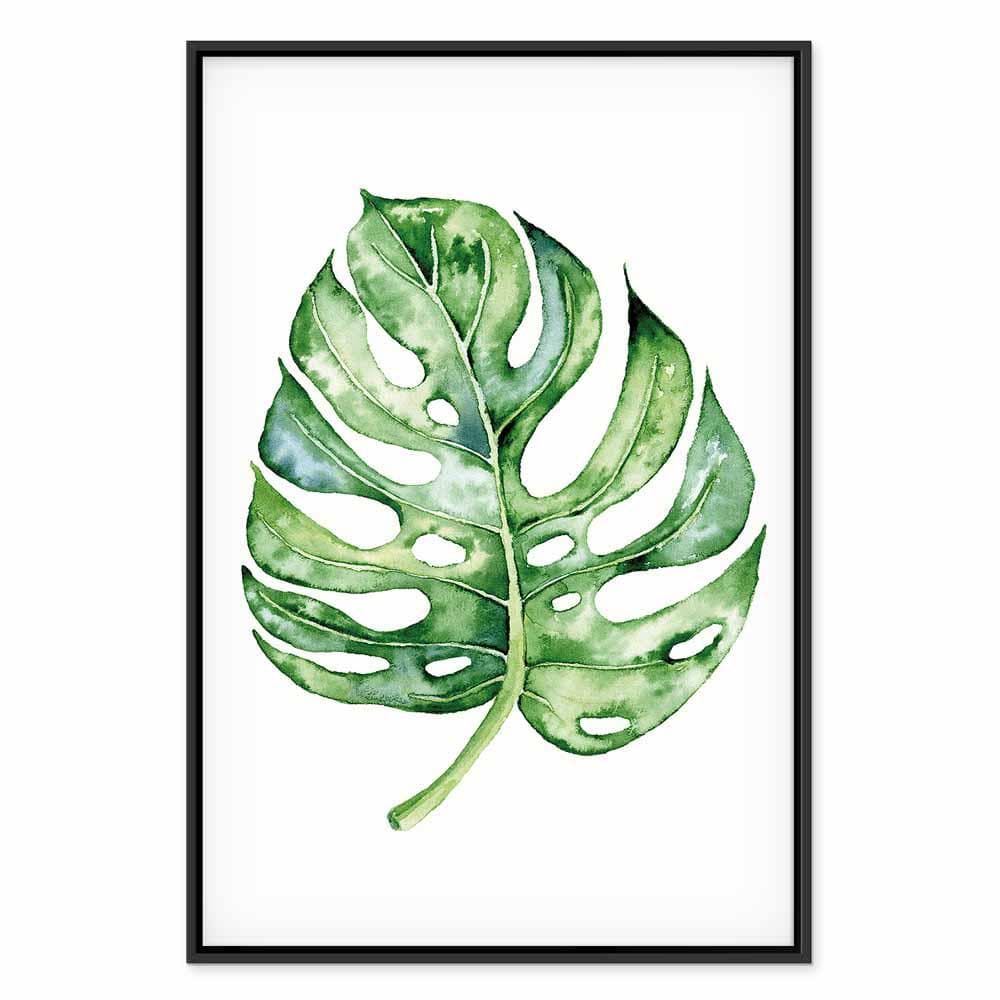Lærredsbillede Akvarel Monstera lodret - 80 x 120 cm - I en sort træramme view 2
