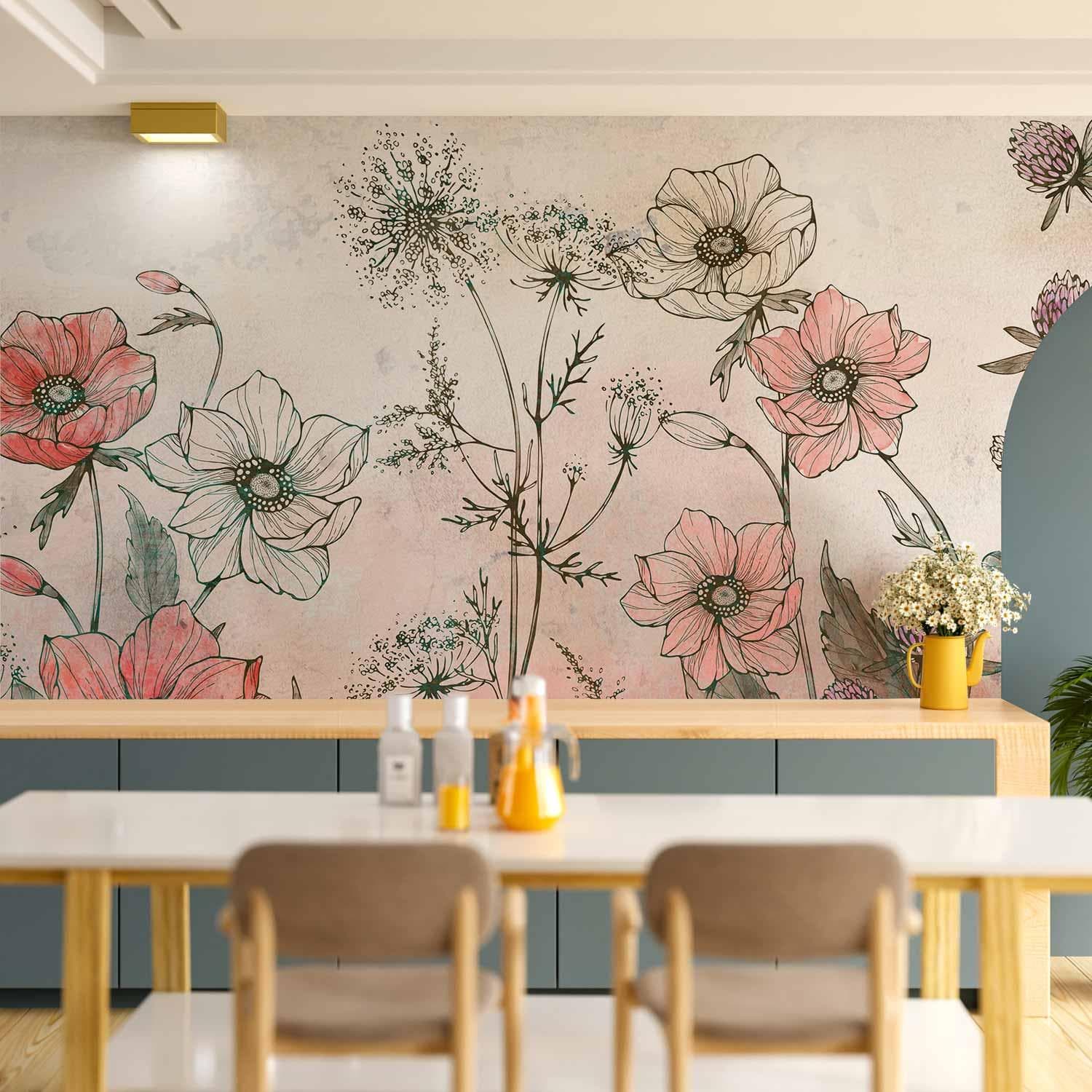 Fototapet En dag på engen - tredje variant med blomster - 500 x 350 cm - Vandtæt