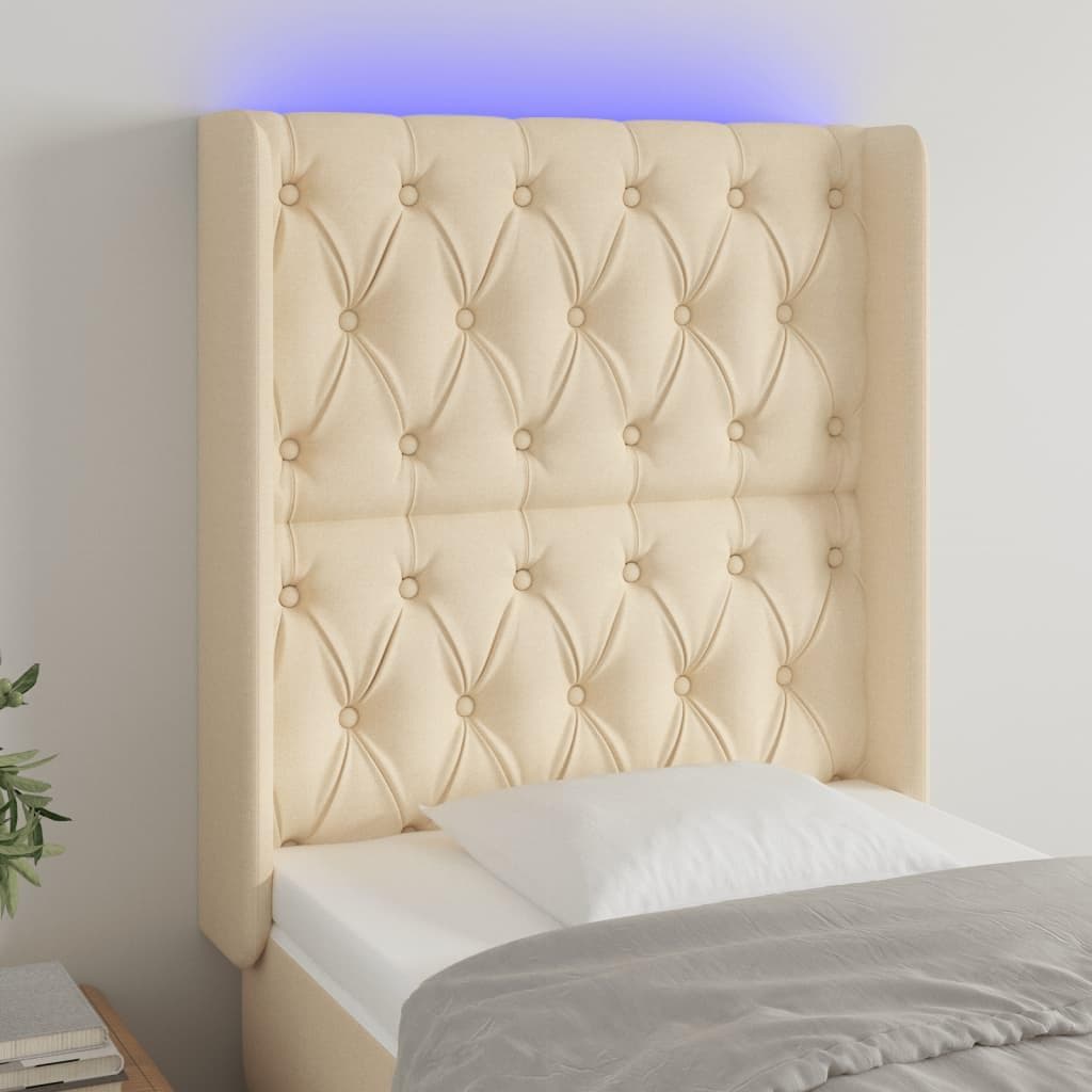 Sengegavl med LED-lys 83×16×118/128 cm - stof, cremefarvet