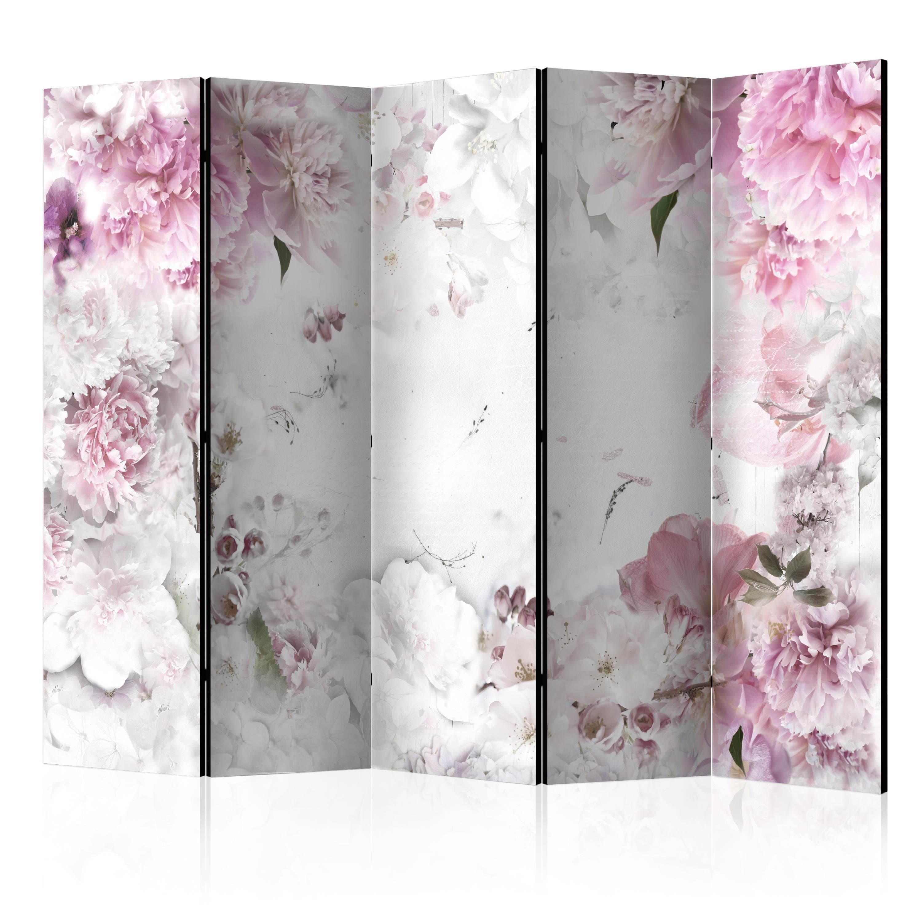 5-panels skærmvæg med blomster - Dansende pæoner II - 225 x 172 cm - Akustik