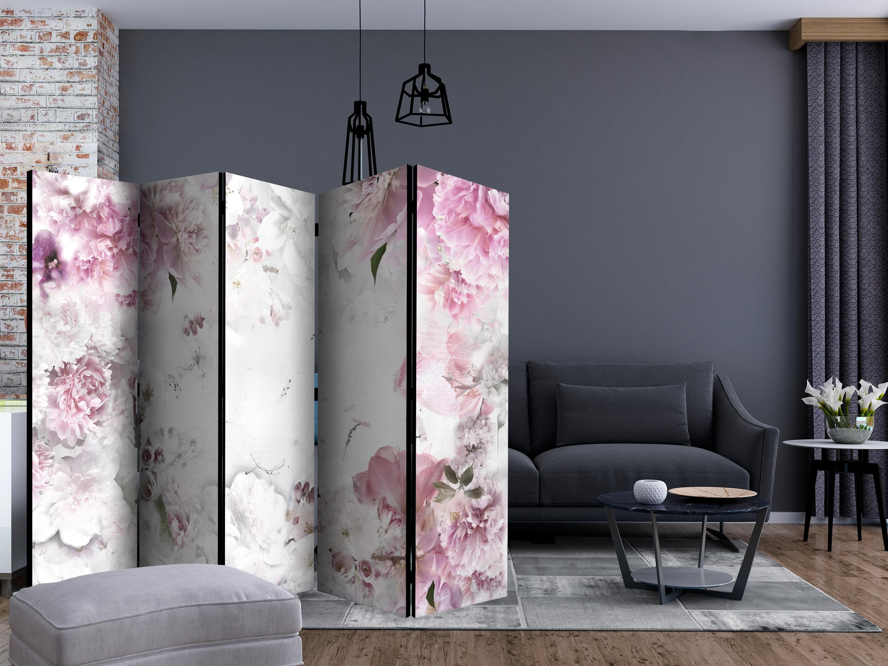 5-panels skærmvæg med blomster - Dansende pæoner II - 225 x 172 cm - Akustik view 2