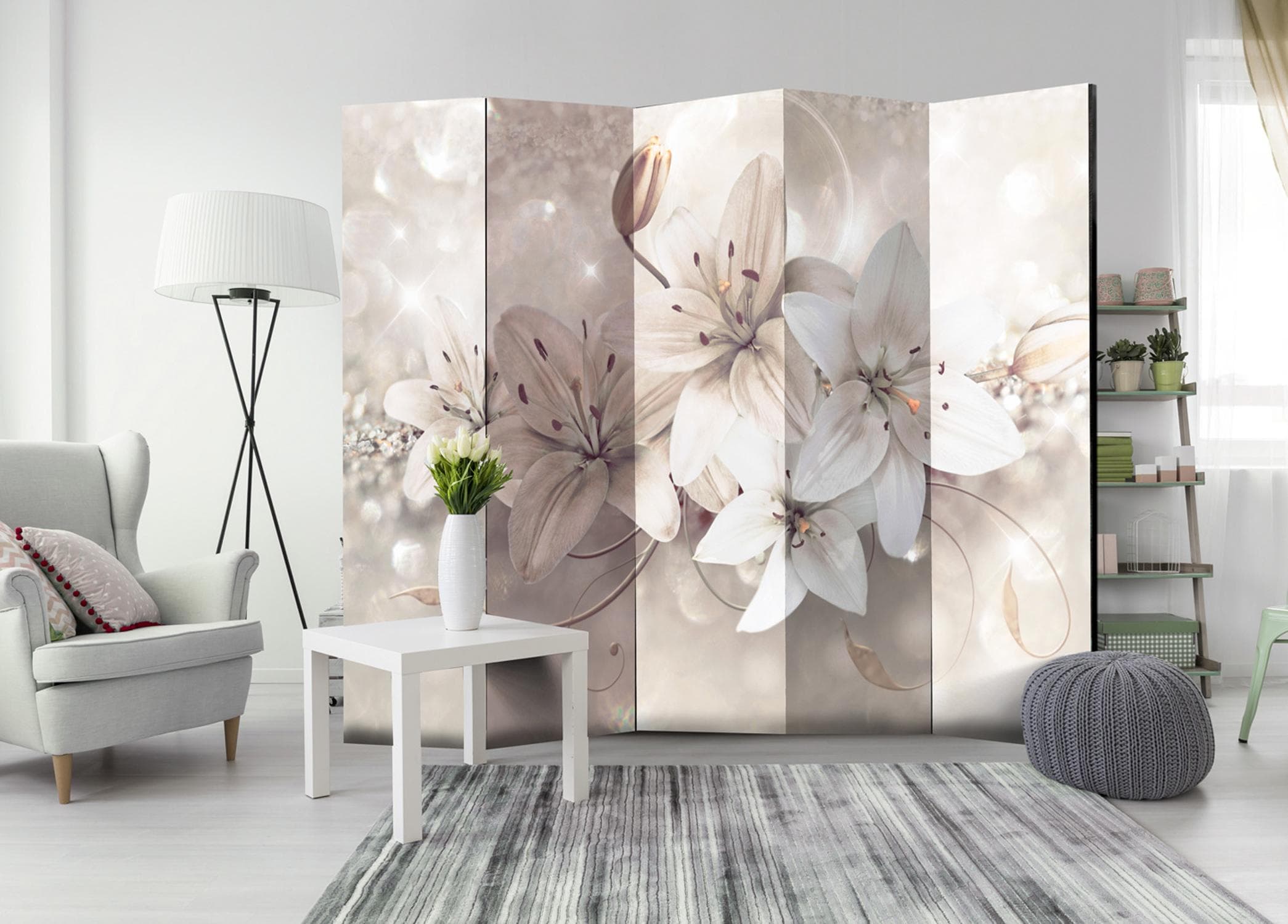 Skærmvæg Diamond Lilies II 225 x 172 cm - 5-panels rumdeler - 225 x 172 cm - Akustik view 2