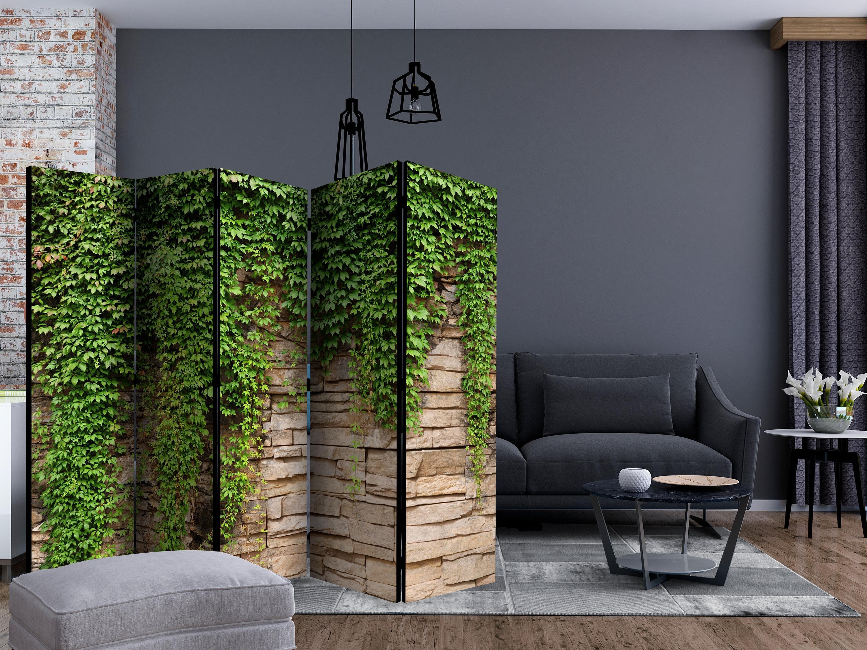 Skærmvæg Vedbendvæg II 225 x 172 cm - 5-panels rumdeler - 225 x 172 cm - Akustik view 2