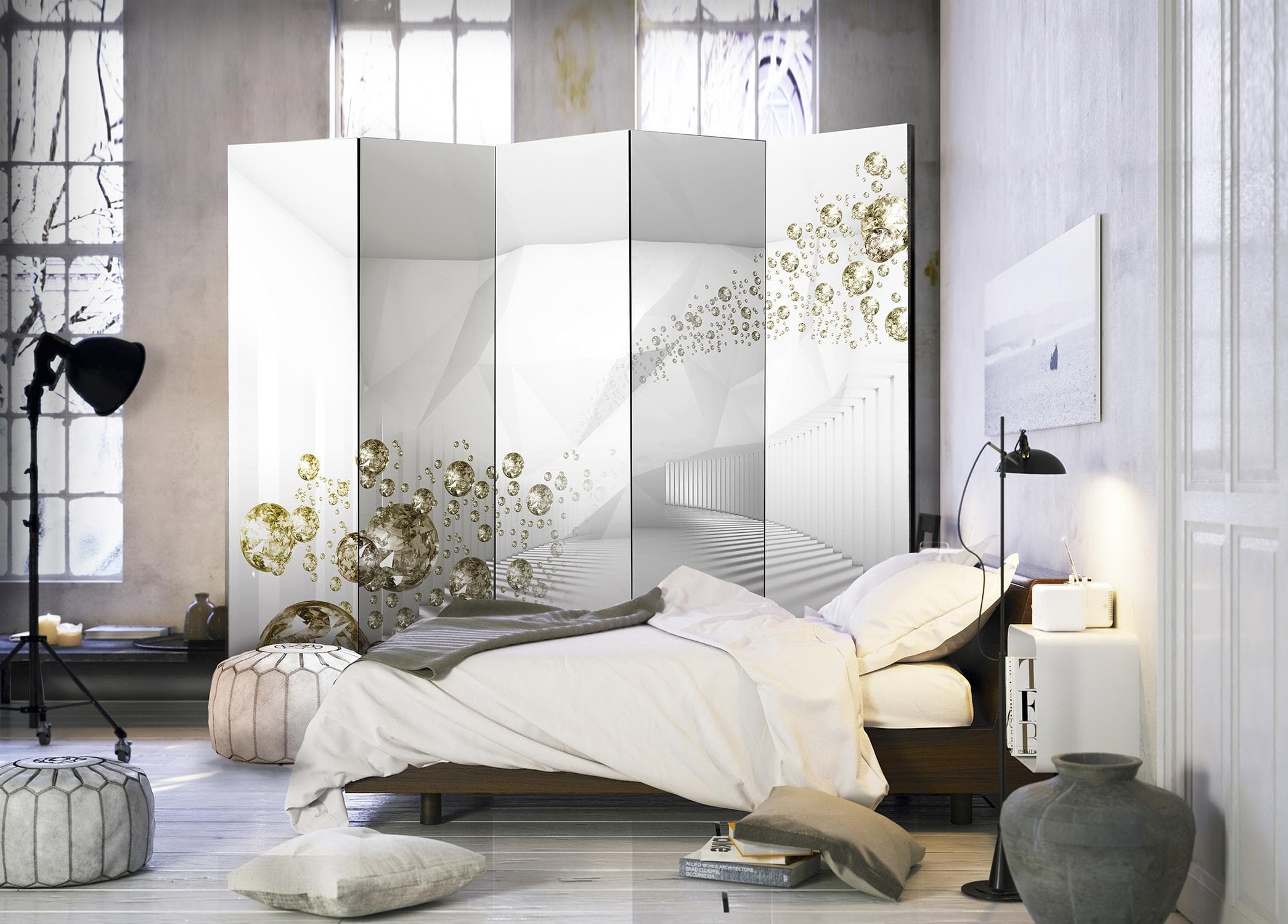 Skærmvæg Diamond Corridor II 225 x 172 cm - 5-panel 3D rumdeler - 225 x 172 cm - Akustik view 2