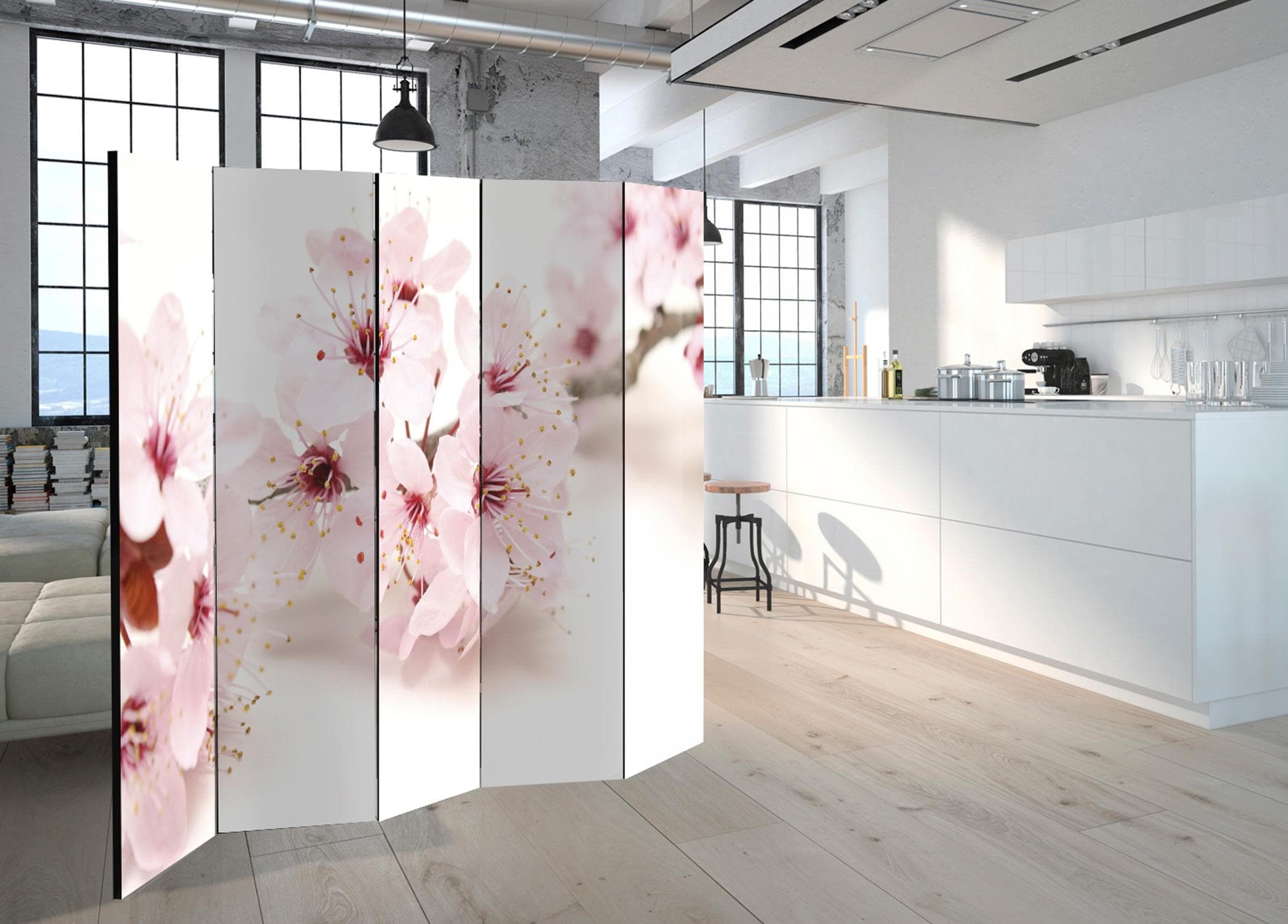 5-panels skærmvæg Kirsebærblomst II med blomstermotiv - 225 x 172 cm - Akustik view 2
