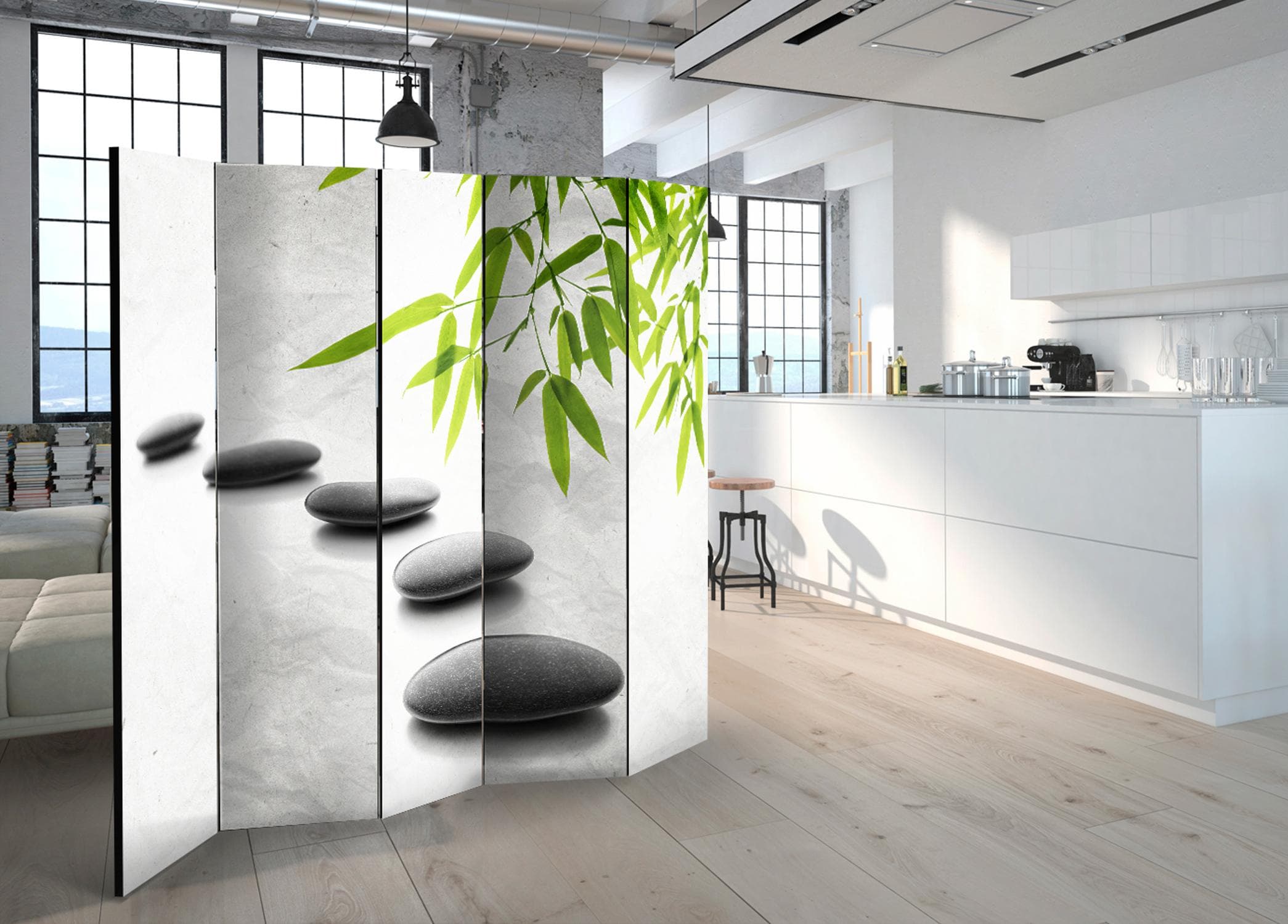 5-panels skærmvæg Zen Stones II rumdeler - 225 x 172 cm - Akustik view 2