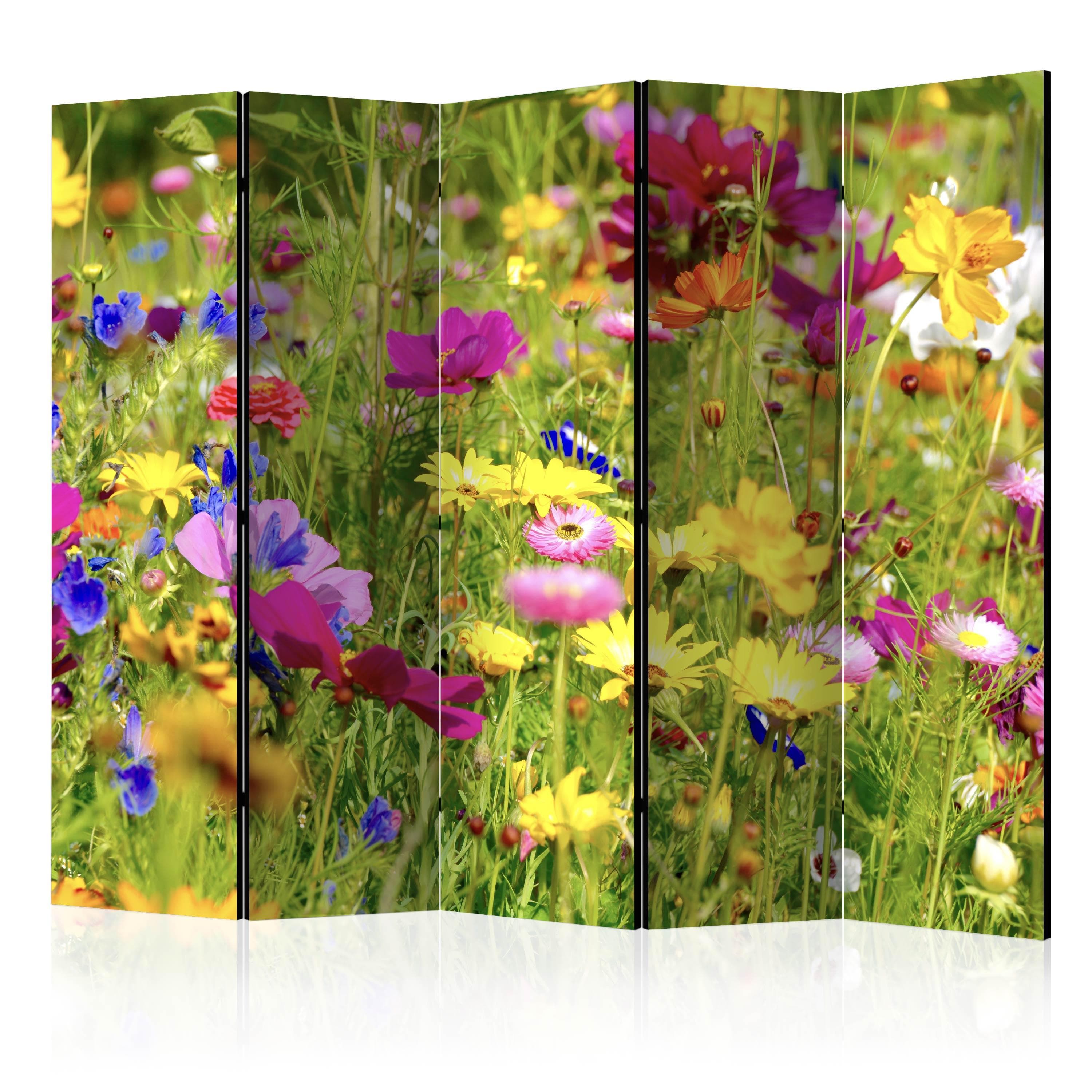 Skærmvæg Summer Flowers II 225 x 172 cm - 5-panels rumdeler med blomster - 225 x 172 cm - Akustik