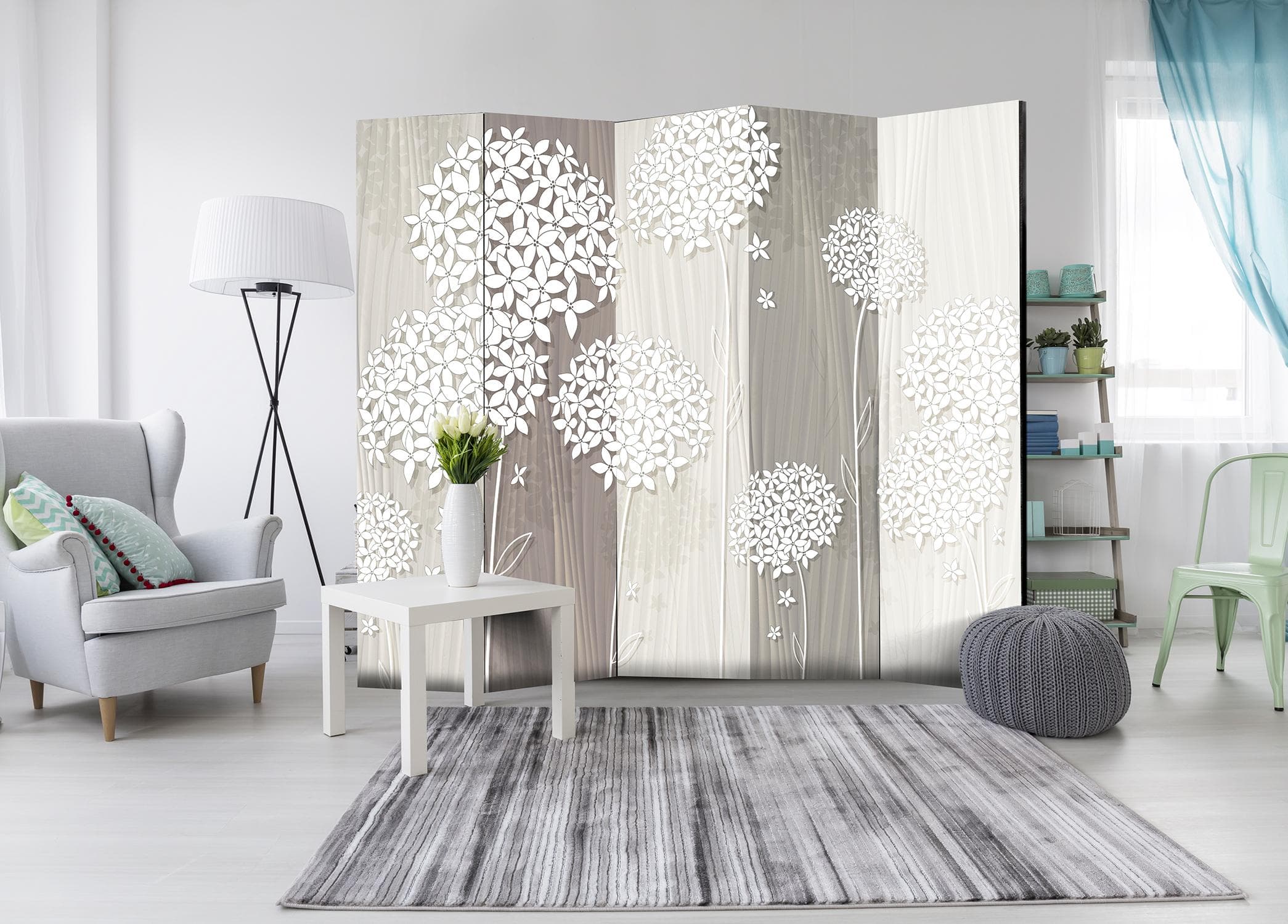 5-panels skærmvæg Paper Dandelions II med blomstermotiv - 225 x 172 cm - Akustik view 2