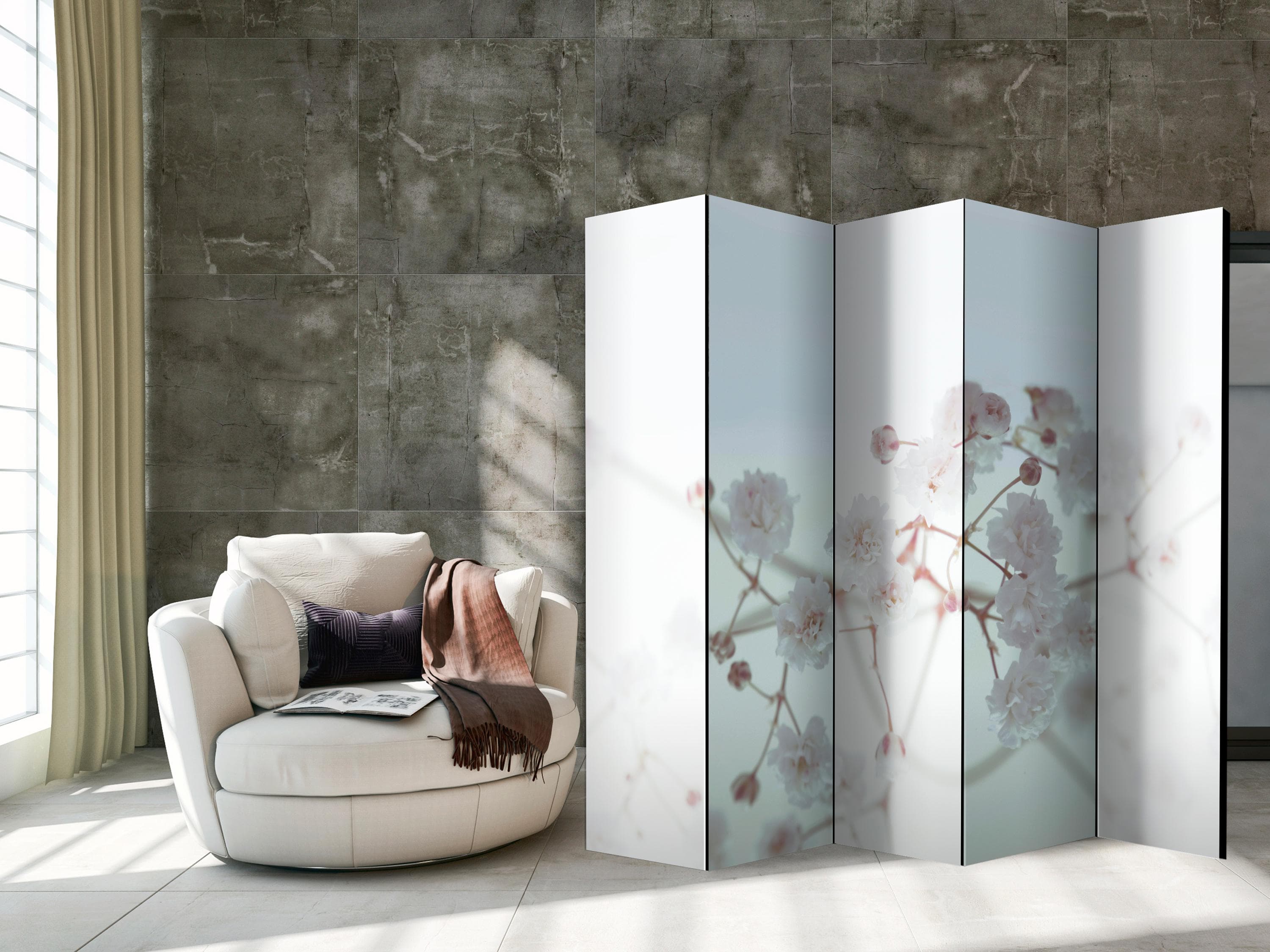 5-panels skærmvæg Hvide Blomster II 225 × 172 cm - 225 x 172 cm - Akustik view 2