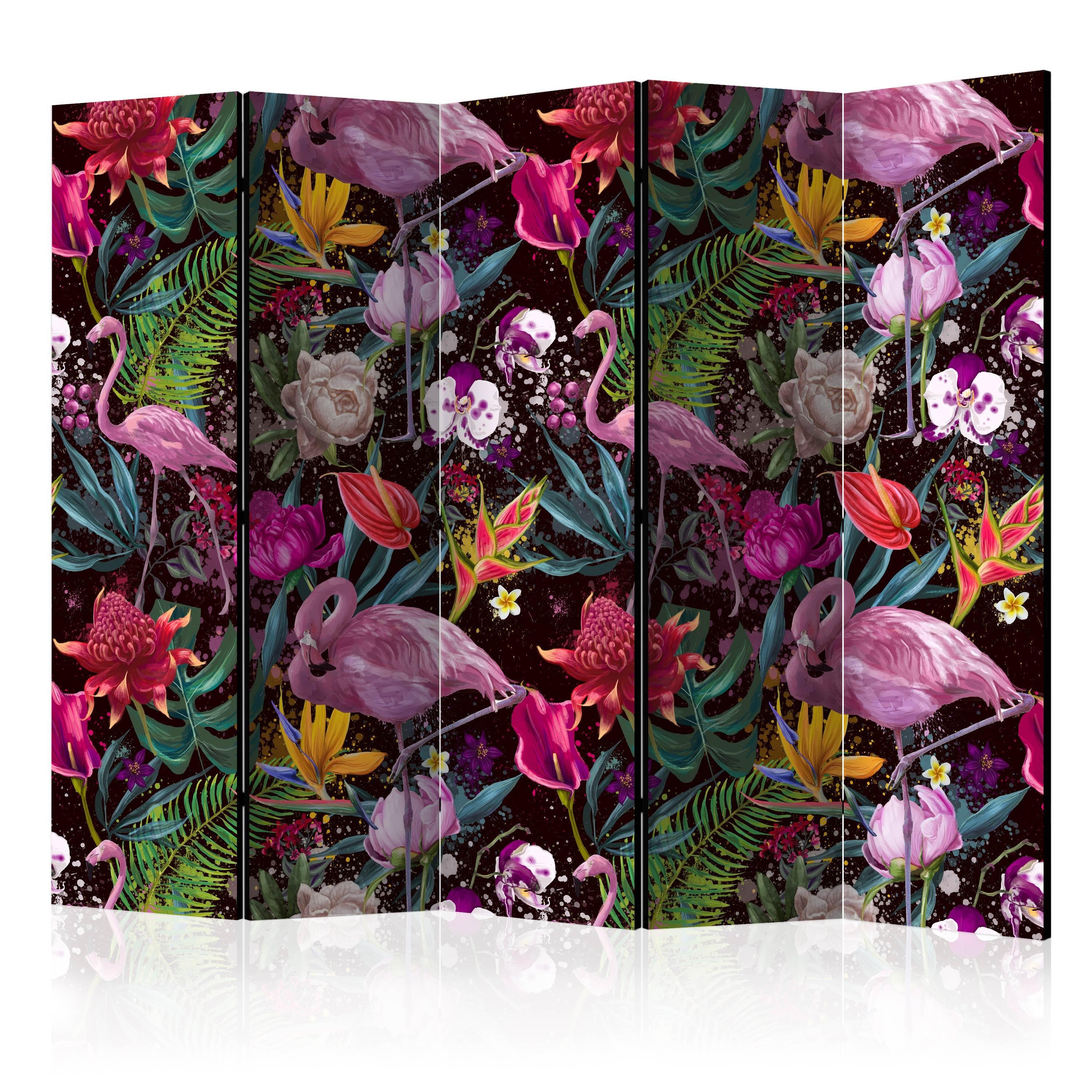 5-panels skærmvæg Farverig Eksotisk II med blomster og flamingoer - 225 x 172 cm - Akustik