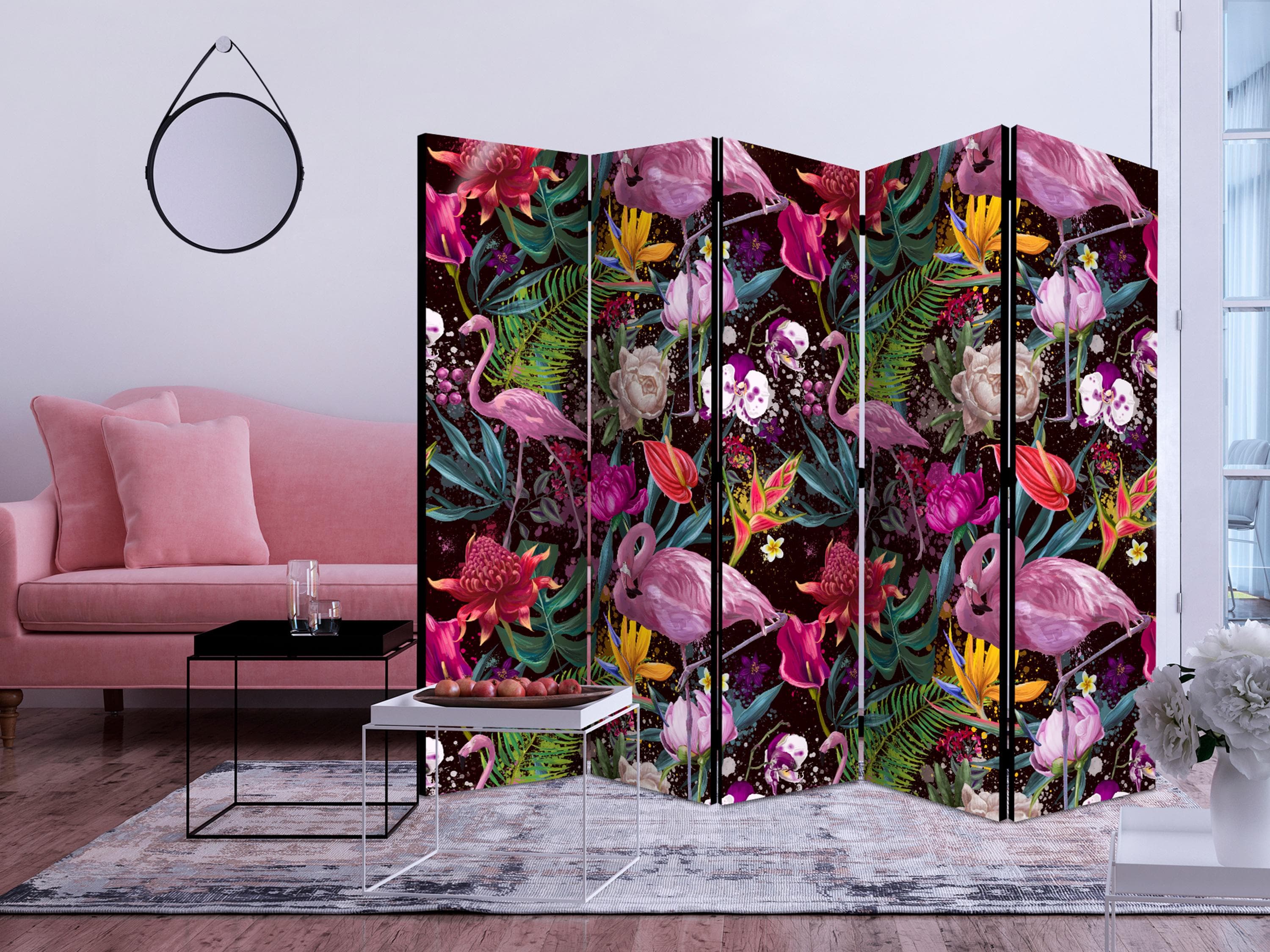 5-panels skærmvæg Farverig Eksotisk II med blomster og flamingoer - 225 x 172 cm - Akustik view 2