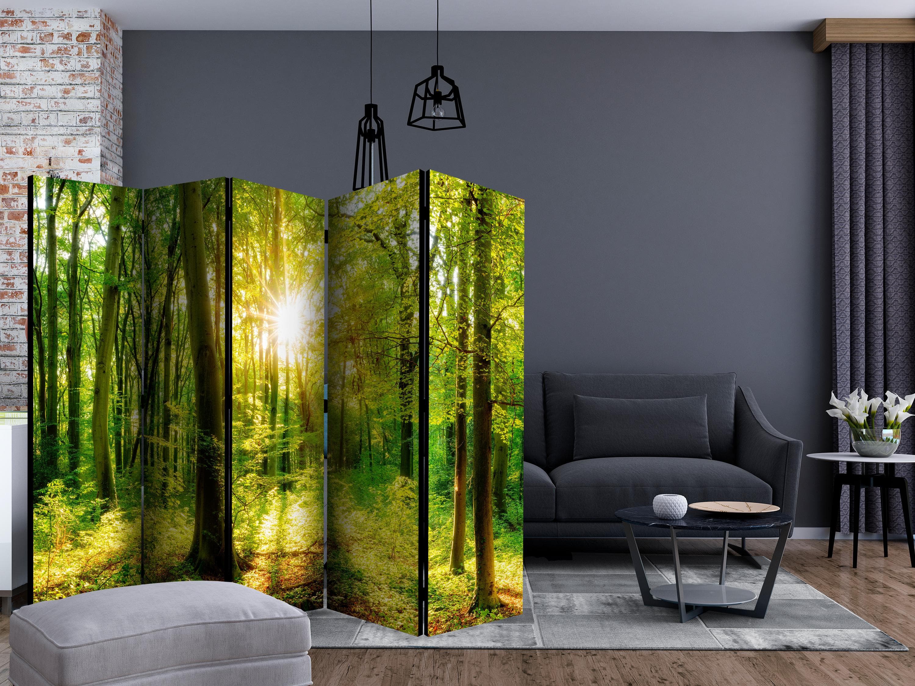 Skærmvæg Forest Rays II 225 x 172 cm - 5-panels rumdeler med skovmotiv - 225 x 172 cm - Akustik view 2