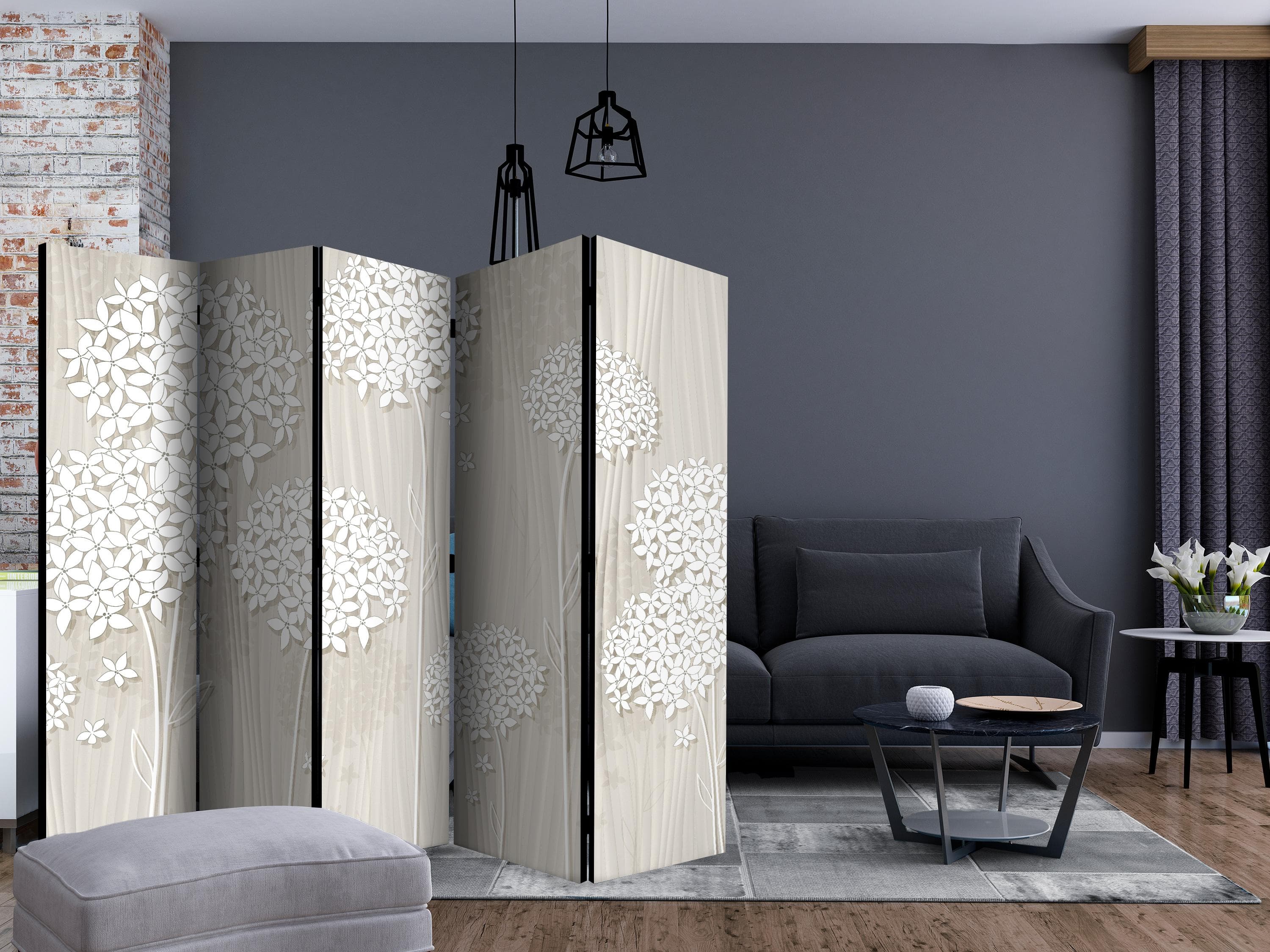 5-panels skærmvæg Creamy Daintiness II med blomstermotiv 225 × 172 cm - 225 x 172 cm - Akustik view 2