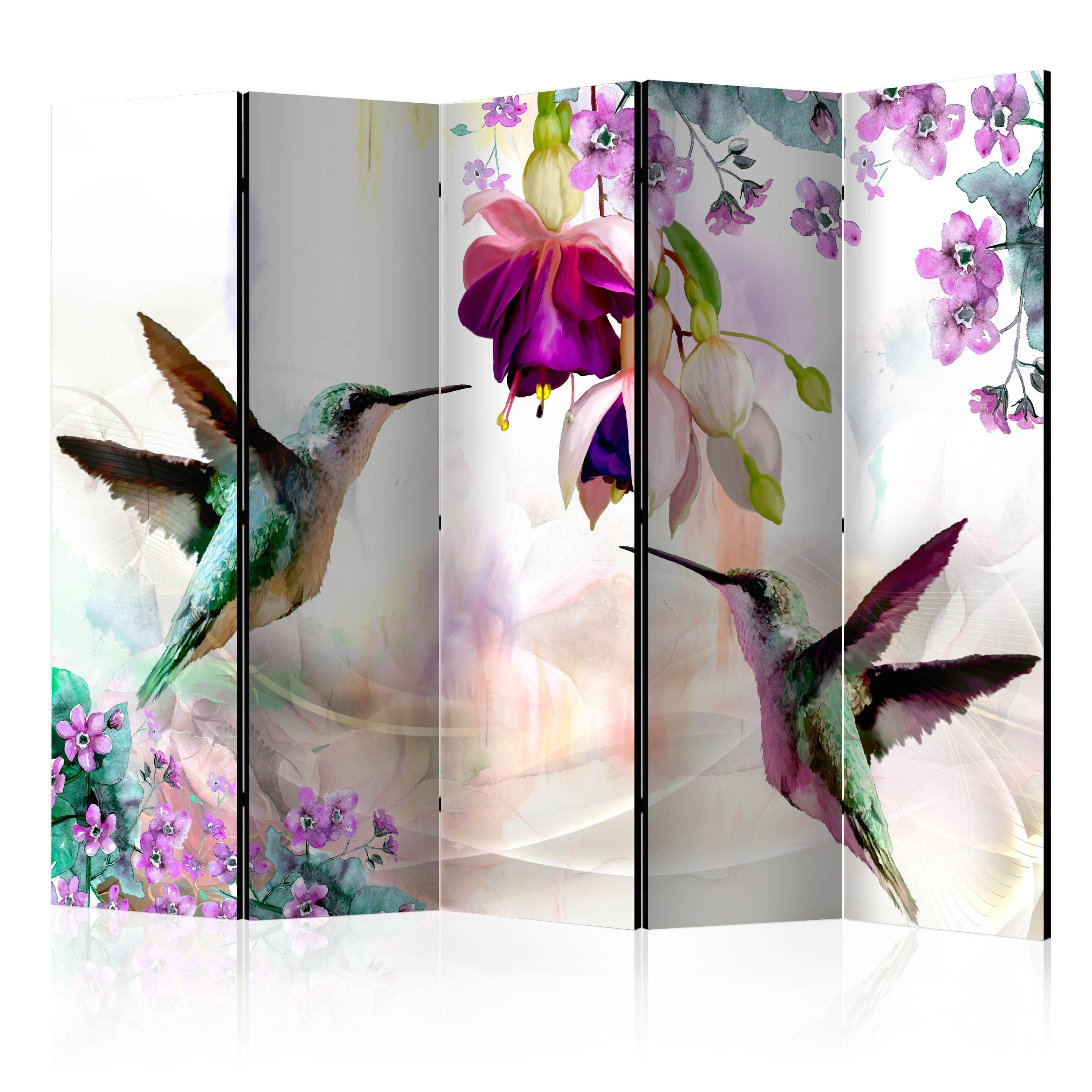 Skærmvæg med kolibrier og blomster II - 5-panels rumdeler - 225 x 172 cm - Akustik