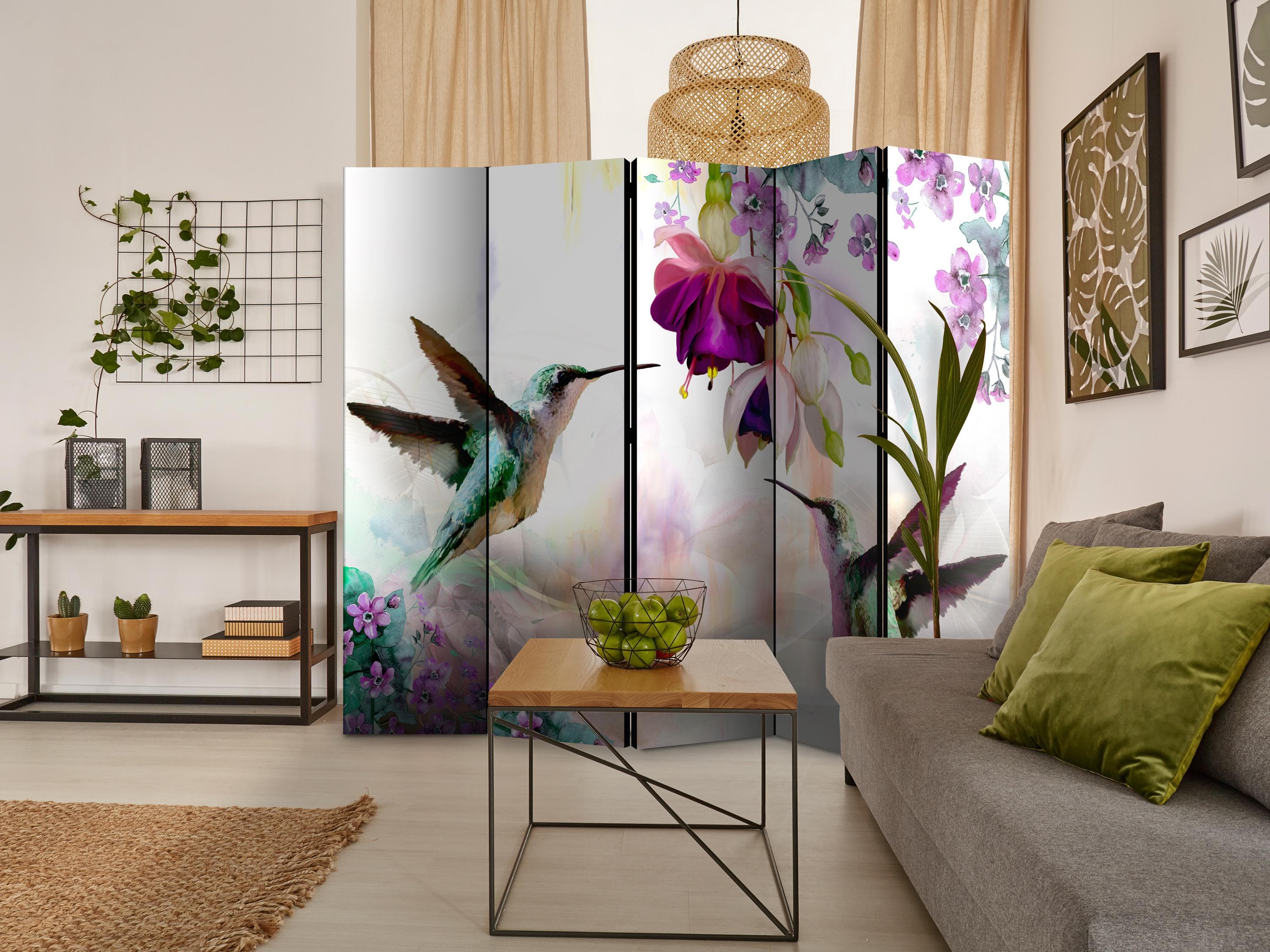 Skærmvæg med kolibrier og blomster II - 5-panels rumdeler - 225 x 172 cm - Akustik view 2