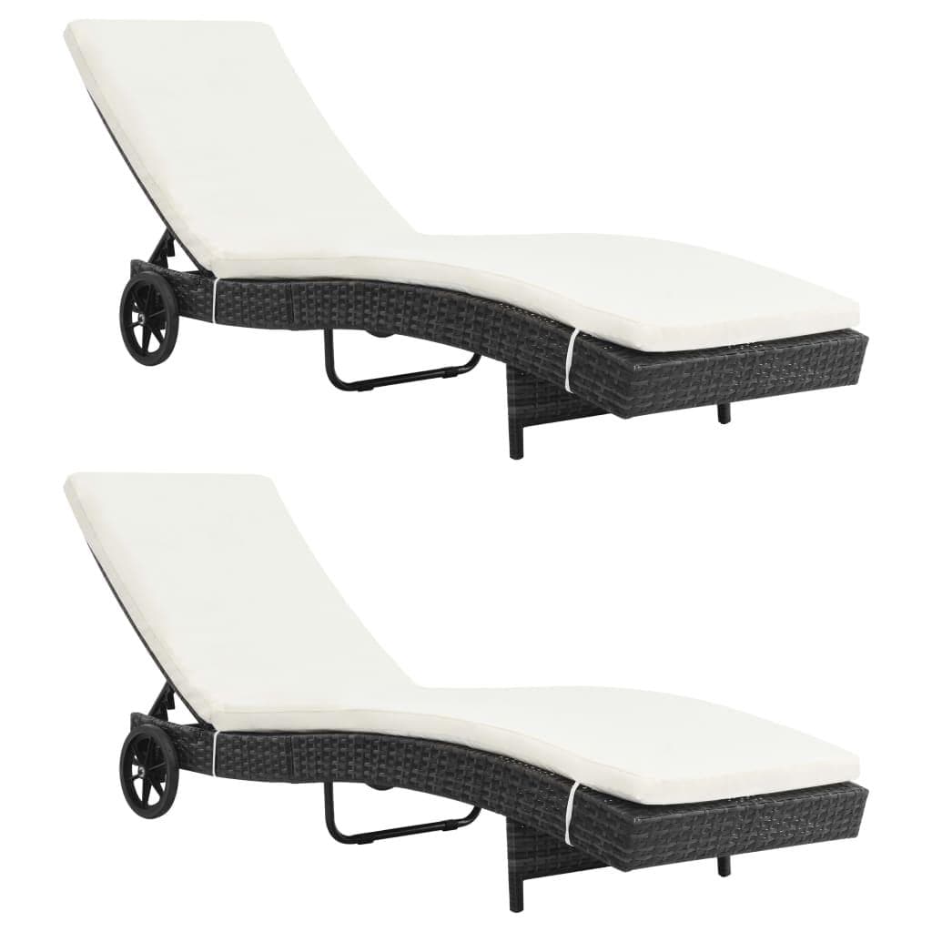 Liggestole 2 stk. med hjul og hynder polyrattan sort