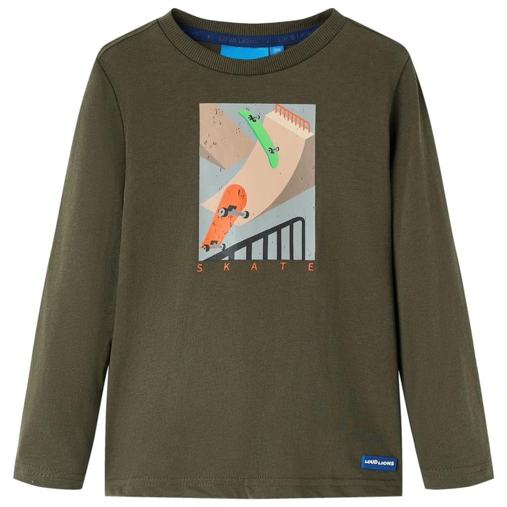 Langærmet T-shirt til børn str. 116 - kaki med skateboardprint