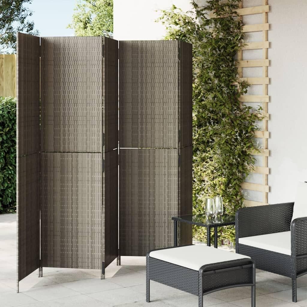 Rumdeler i polyrattan, 5 paneler - grå, sammenklappelig