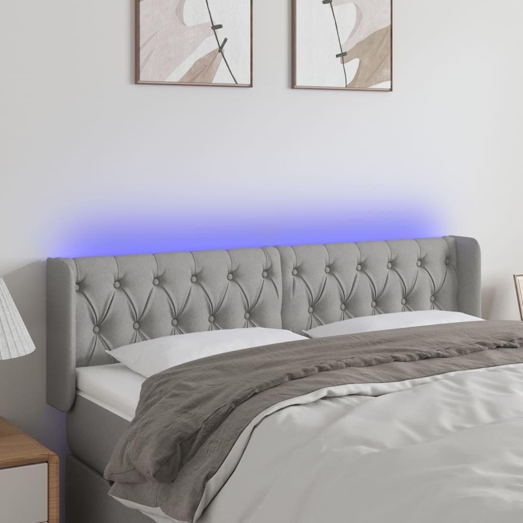 Sengegavl med LED-lys 147×16×78/88 cm - stof, lysegrå
