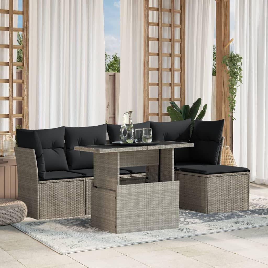Sofasæt til haven 6 dele med hynder i polyrattan lysegrå