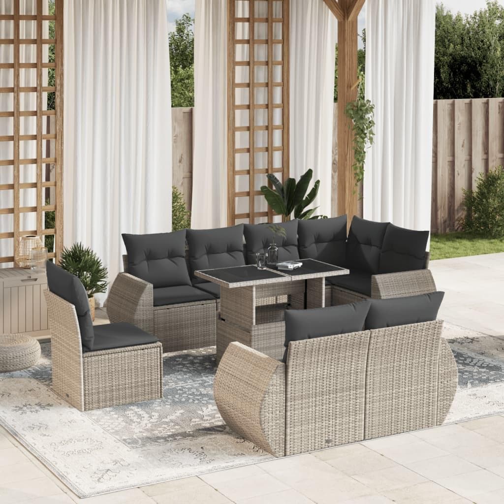 Sofasæt til haven 9 dele med hynder i polyrattan lysegrå