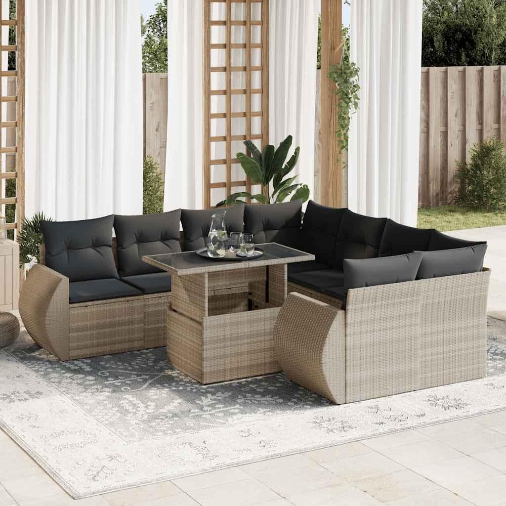 Havesofasæt 9 dele med hynder i polyrattan - lysegrå
