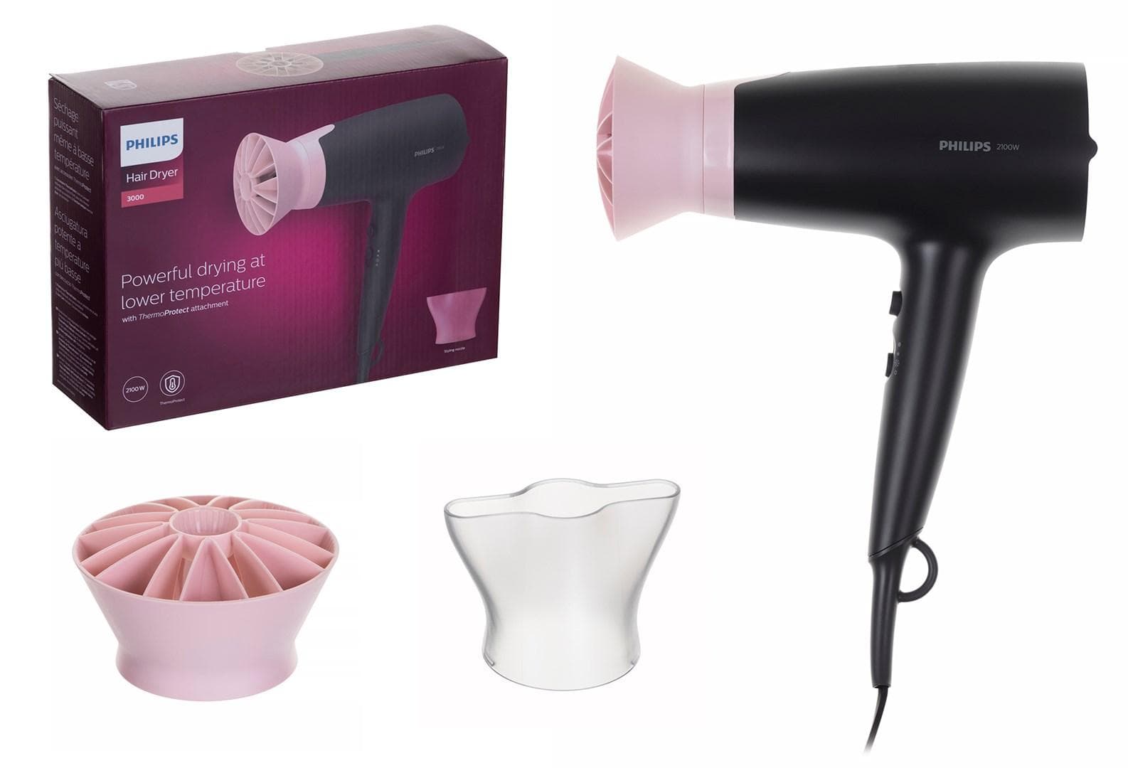 Hårtørrer Philips BHD350/10 - 2.100 W, sort/rosa