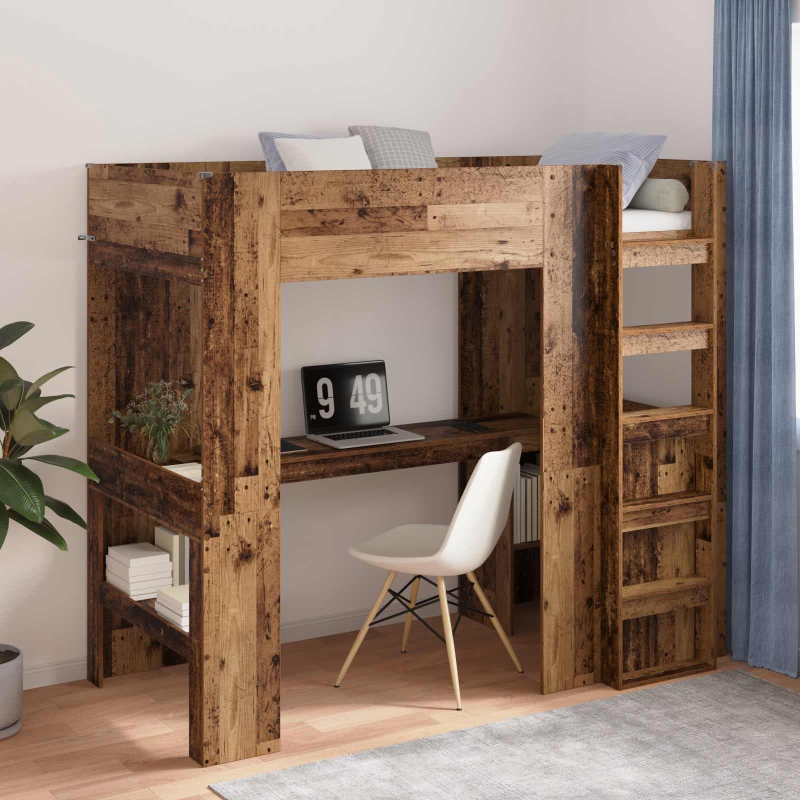 Loftseng med skrivebord - gammelt træ look 90 x 200 cm