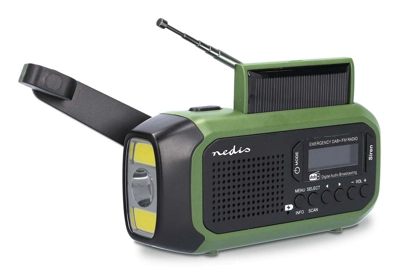 Nedis RDDBCR2000GN nødradio - bærbar DAB+/FM med solceller, dynamo og USB (sort/grøn)