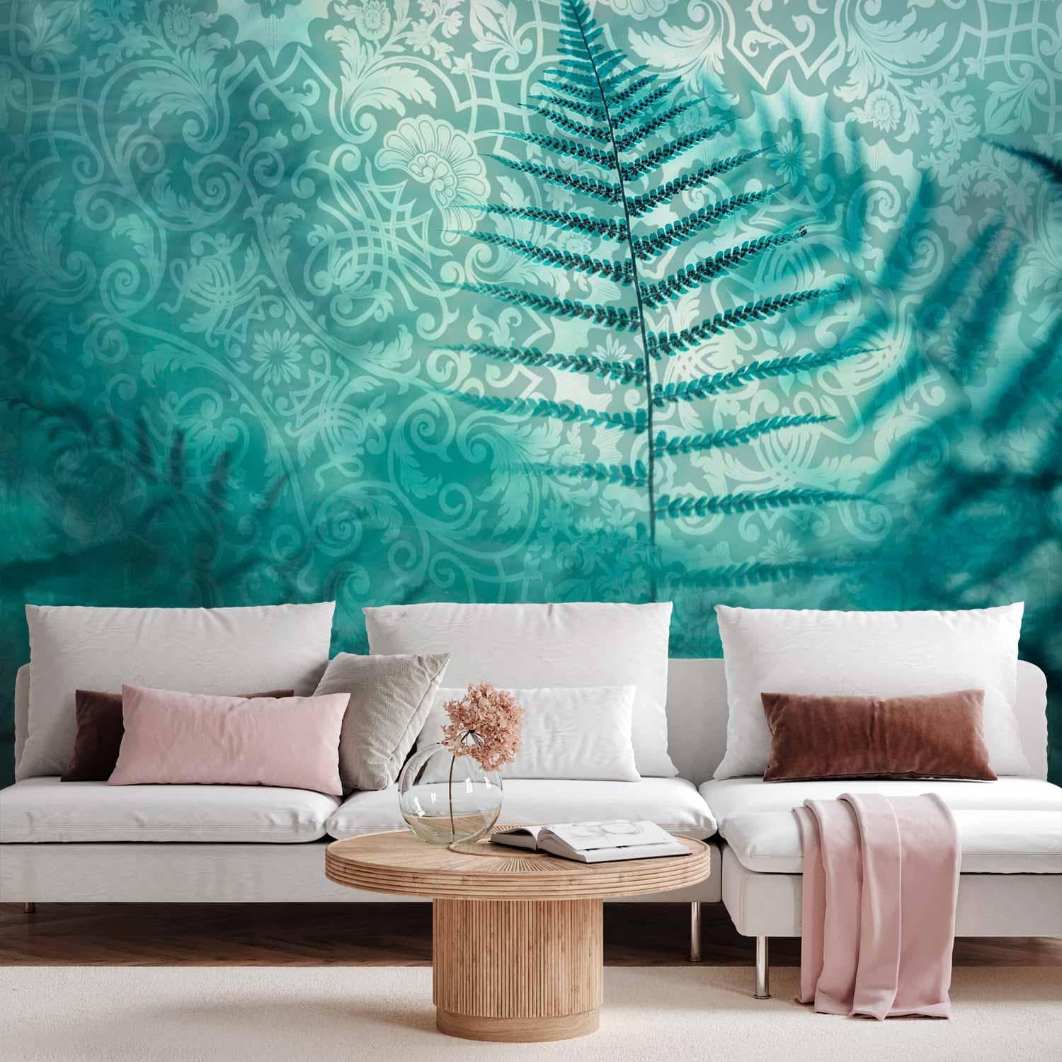 Fototapet med bregner og abstrakt mønster i turkis - 250 x 175 cm - Premium