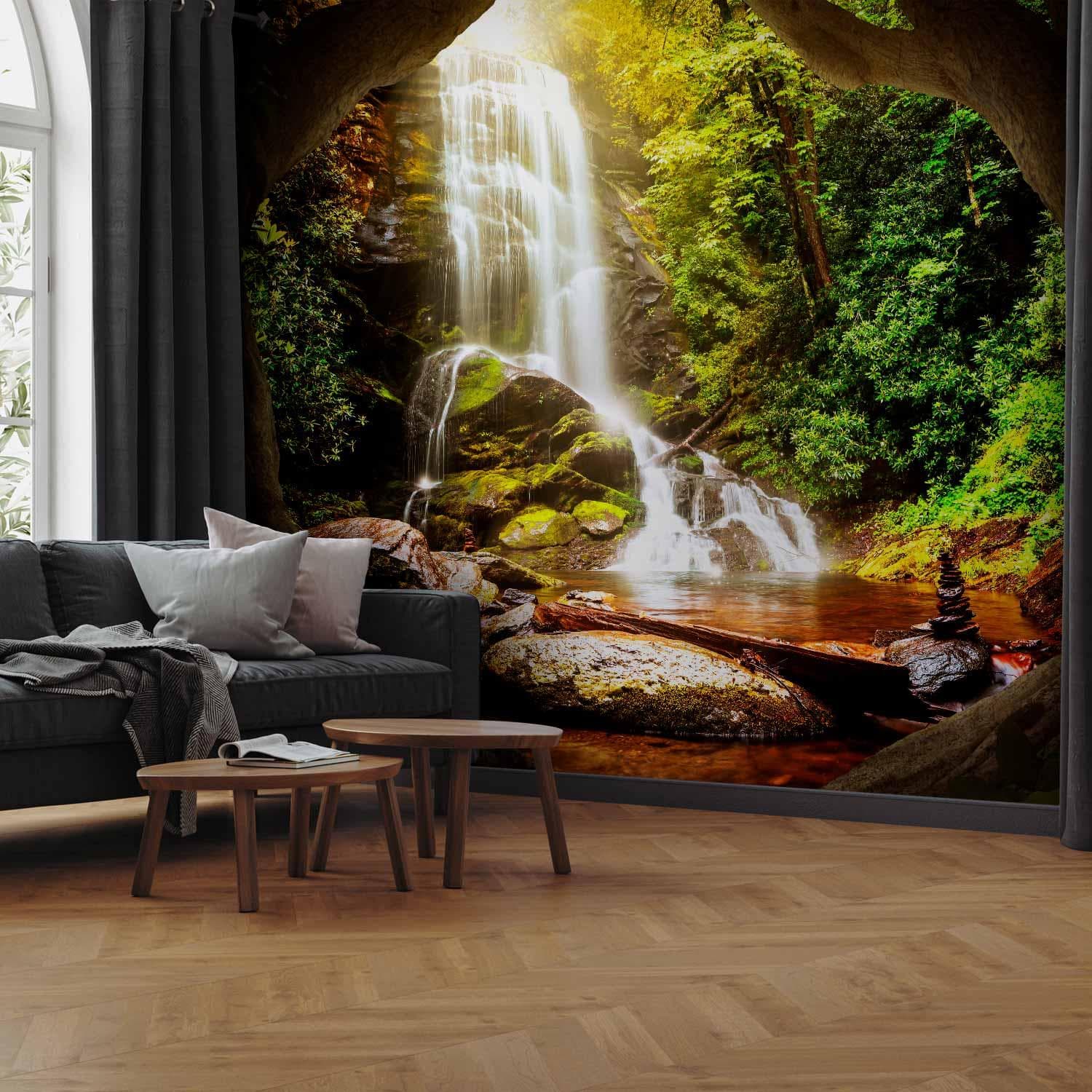 Fototapet med vandfald i skov - 98 x 70 cm - Selvklæbende