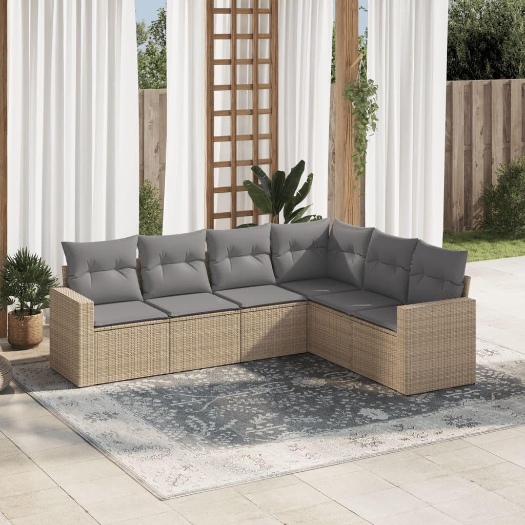 Sofasæt til haven i polyrattan - 6 dele med hynder, beige