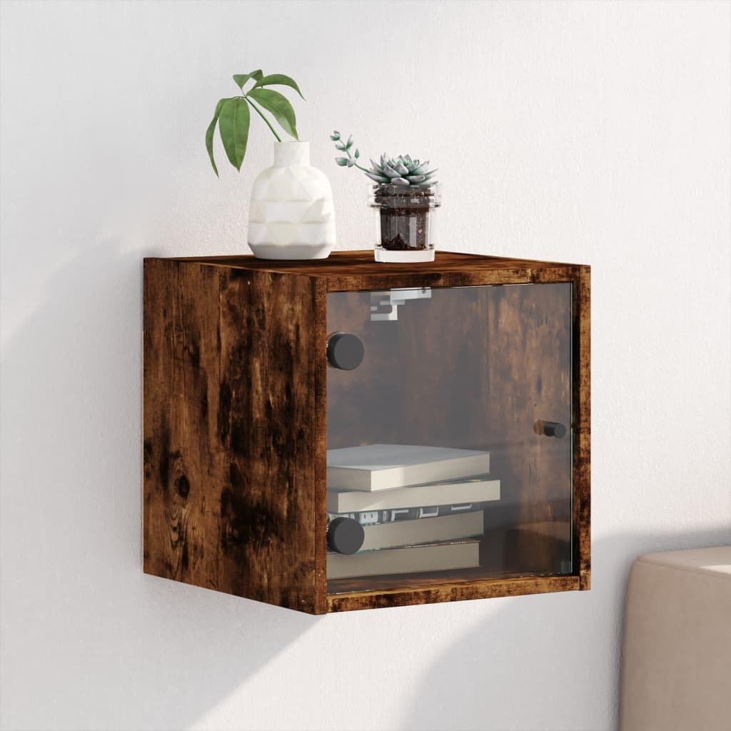 Væghængt sengebord med glaslåge 35×37×35 cm - røget egetræsfarve