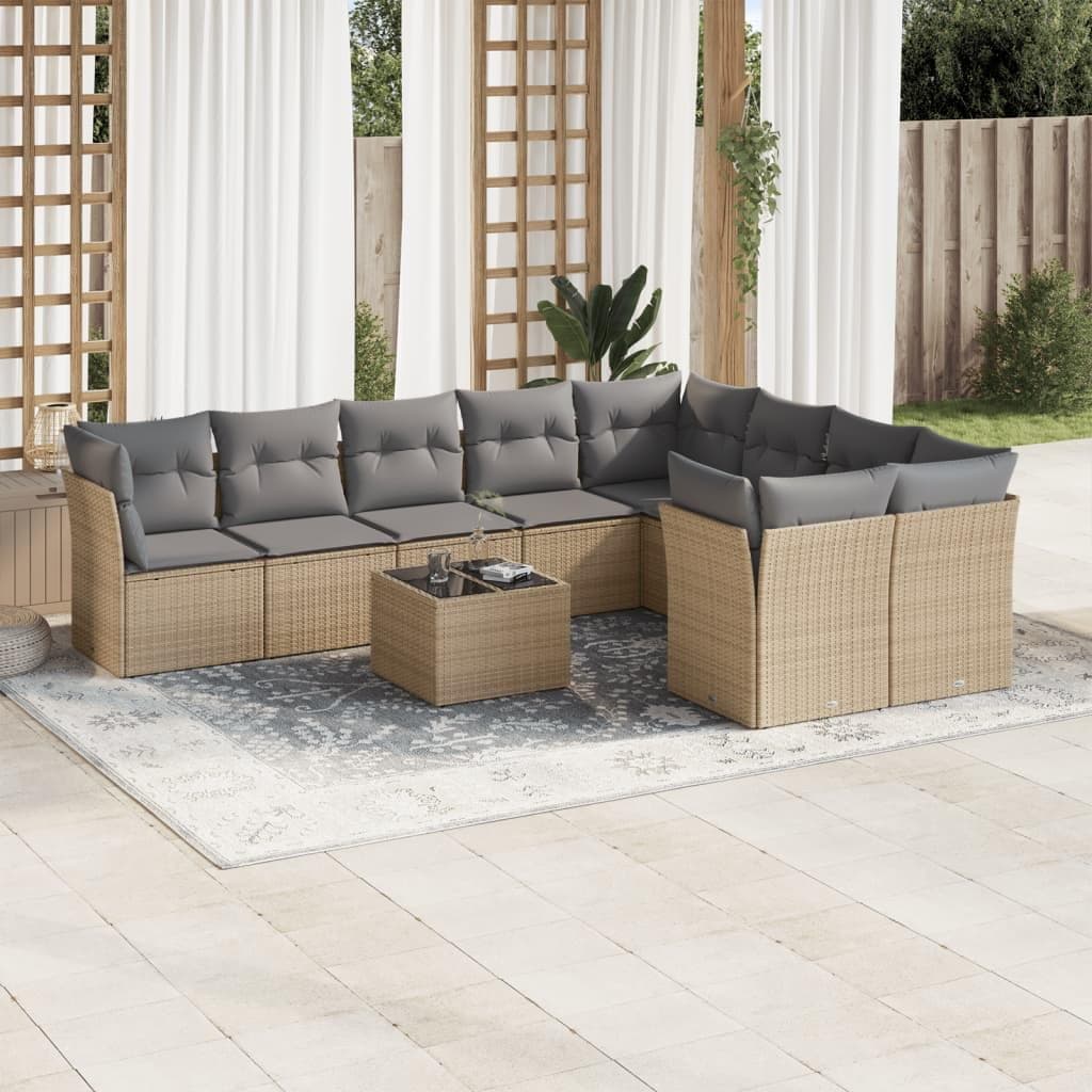Havesofasæt i polyrattan med opbevaring - 10 dele, beige/lysegrå