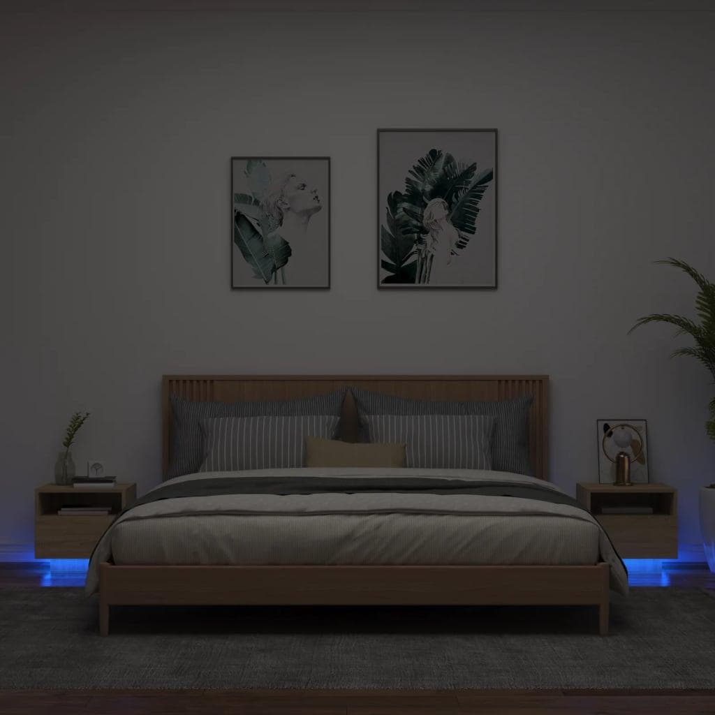 Sengeborde med LED-lys - 2 stk., 40×39×37 cm, sonoma-eg