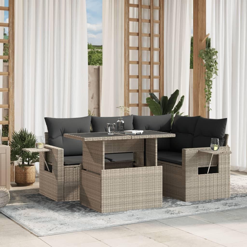 Sofasæt 5 dele med hynder i polyrattan lysegrå