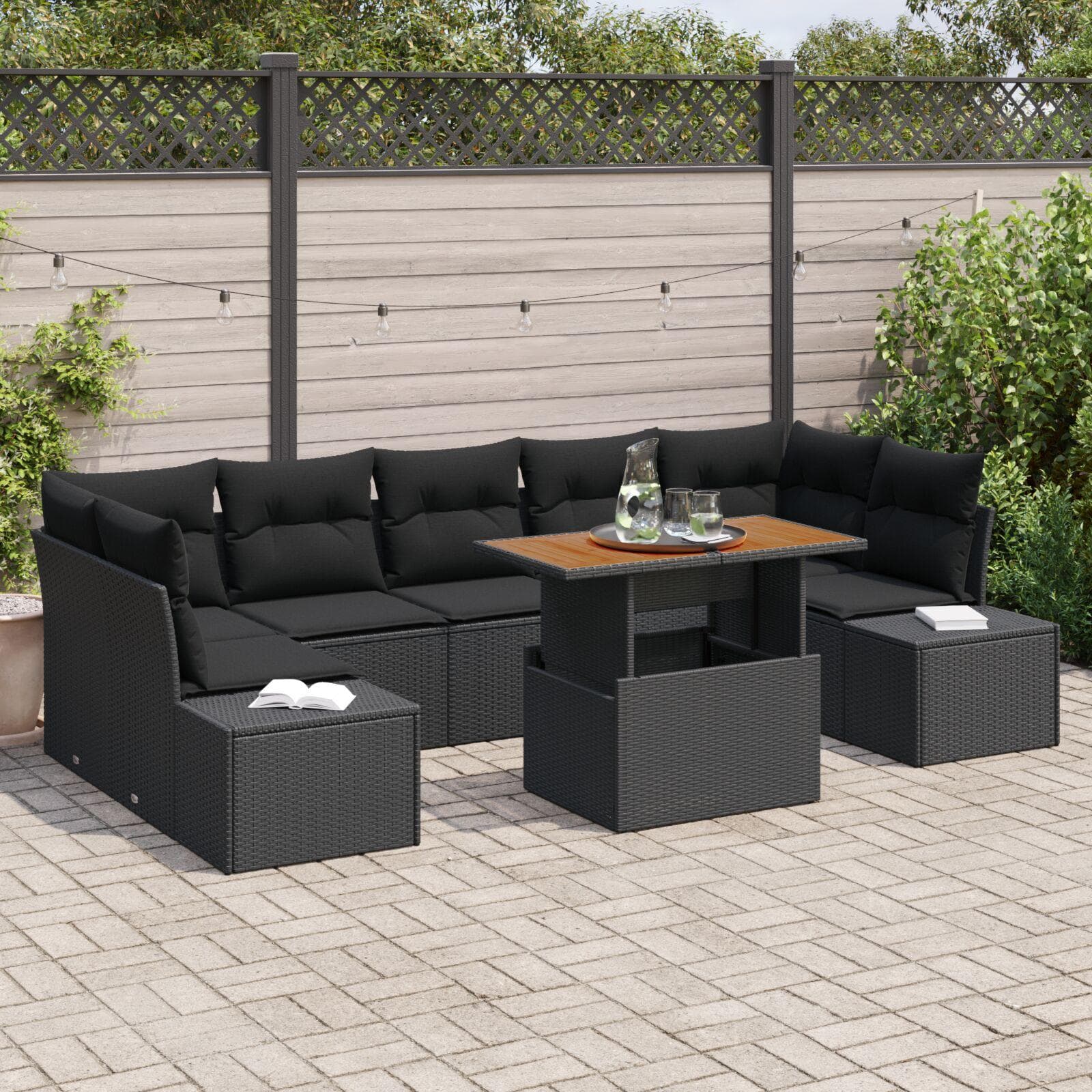 Have spisebordssæt i polyrattan med puder - 8 dele, sort/brun