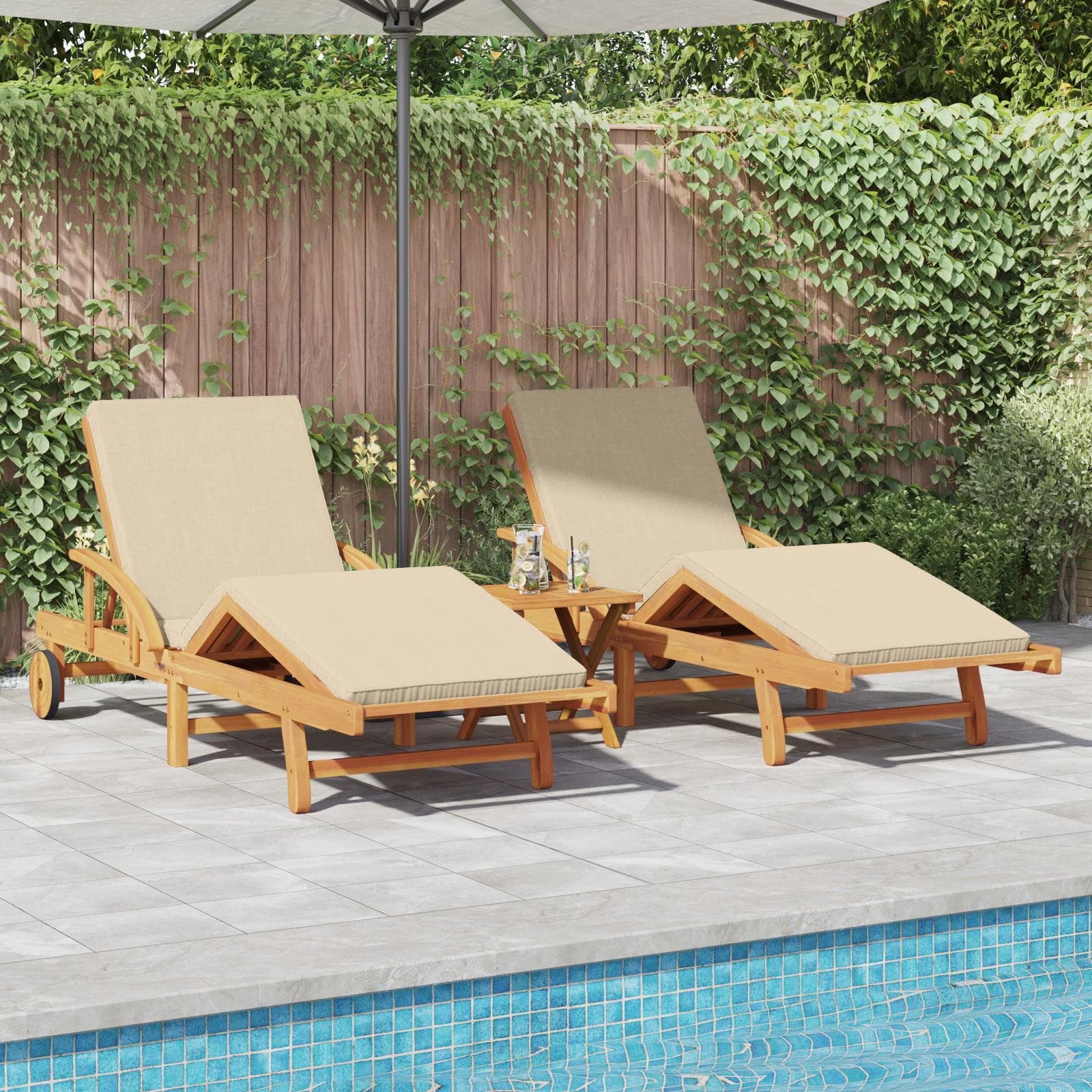 Solstol med pude 2 stk Beige 200 x 67 x 84cm Massivt akacietræ
